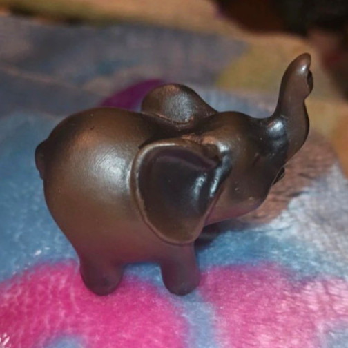 Small Dark Brown Metal Elephant Figurine Sculpture with Raised Trunk