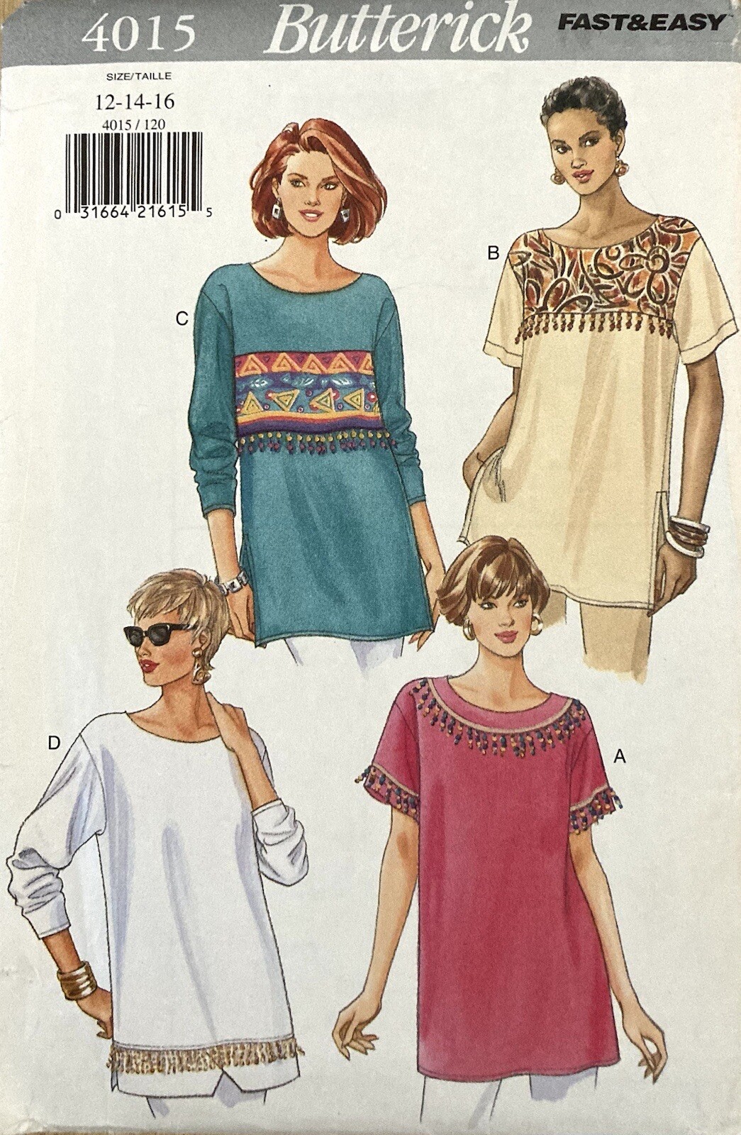 Butterick Fast and Easy 4015 Womens Top Pattern Size 12-16 Uncut