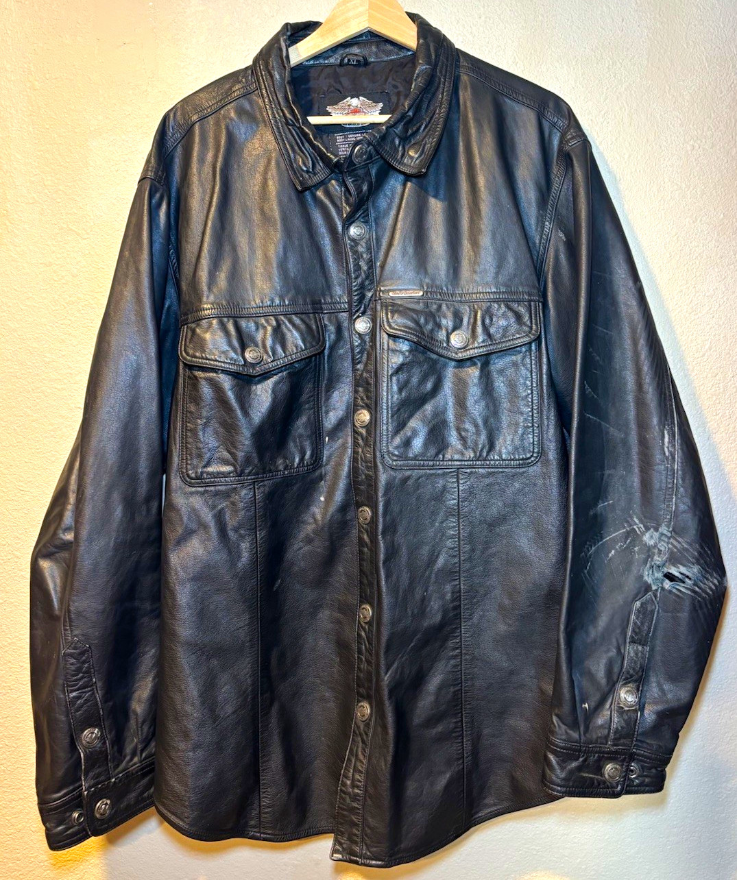 Vtg  Harley Davidson Leather Shirt Jacket Shacket Mens XL Black American Legend