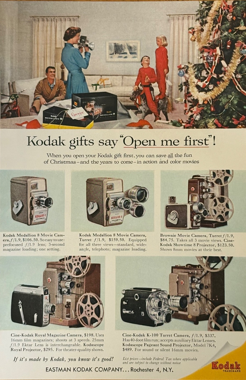 Kodak Cameras 1957 Print Ad Christmas Gifts Say “Open Me First” Movie Camera