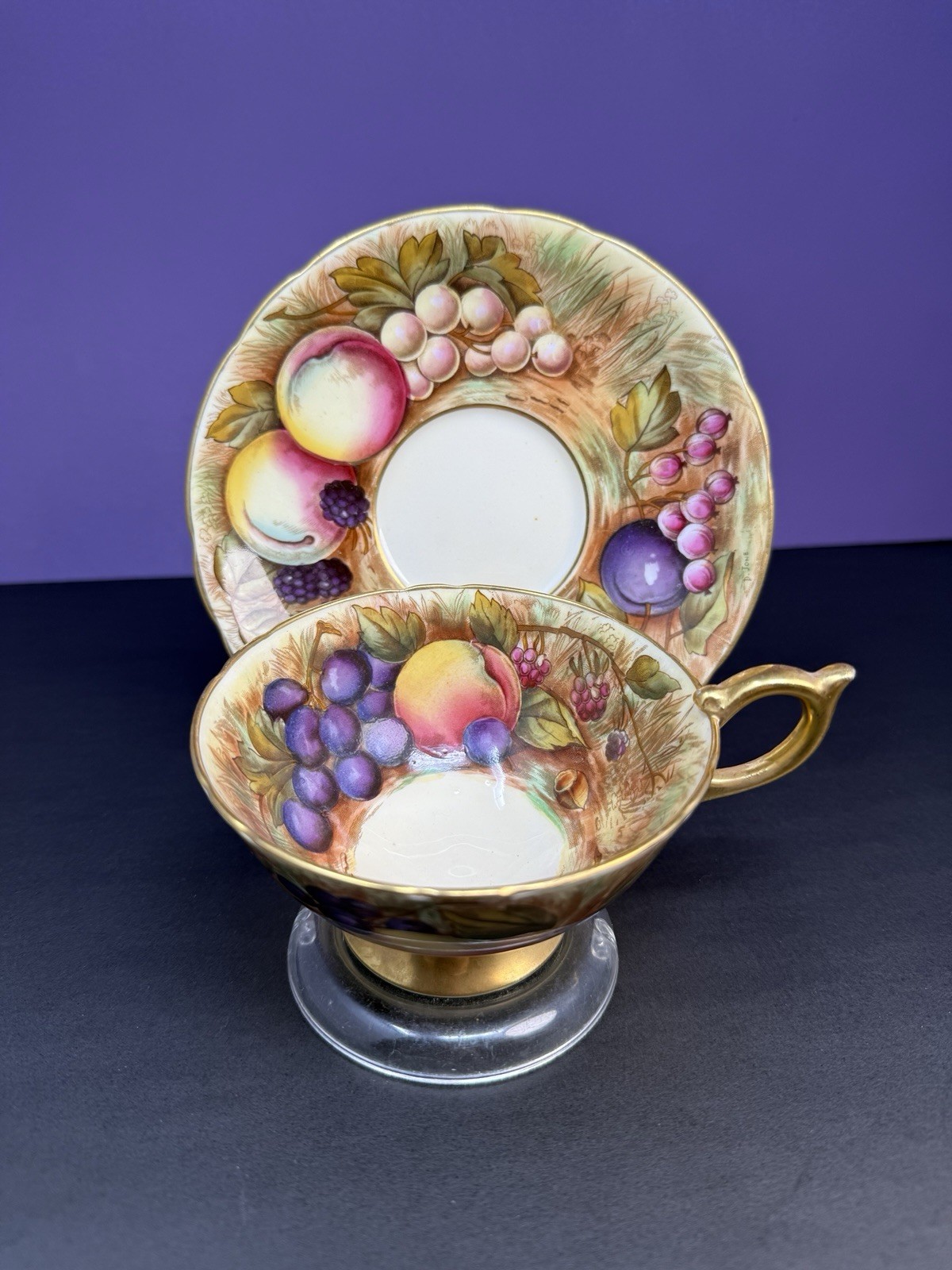 Vintage Aynsley 1037 Orchard Fruit Teacup with Saucer Signed N. Brunt and D Jone