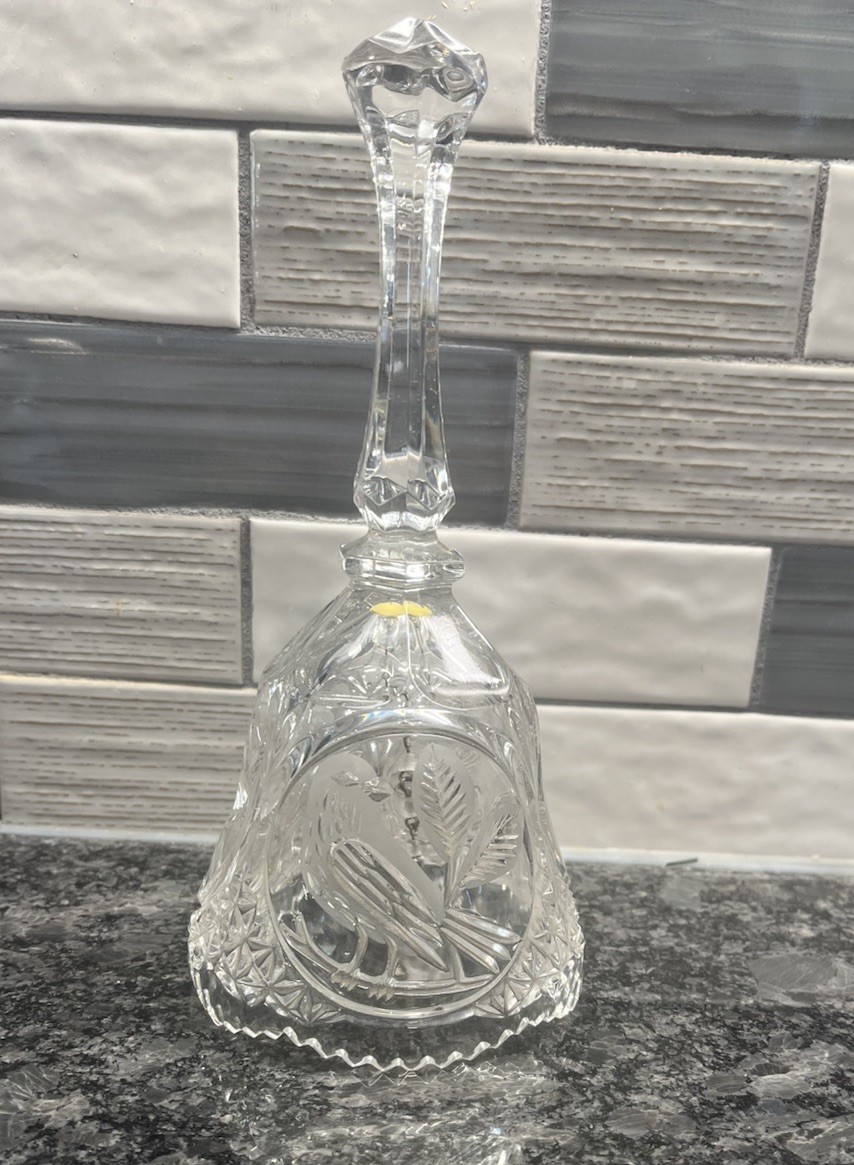 Clear Crystal Bell With Etched Bird 8” Tall