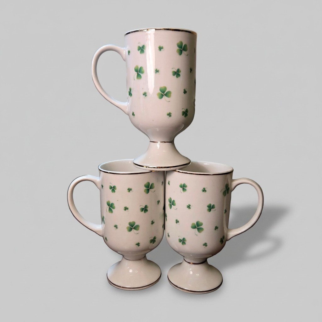 Vintage Irish Coffee Mugs Porcelain Shamrocks Gold Trim Footed 2272