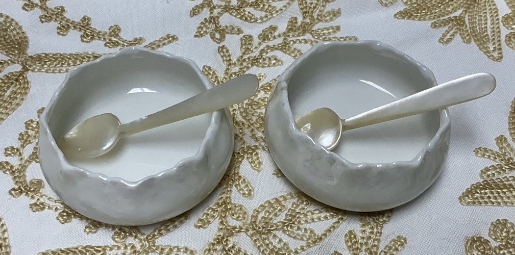 2 Antique D & C Limoges White Porcelain Salt Cellars w/ Pearl Spoons READ FULLY