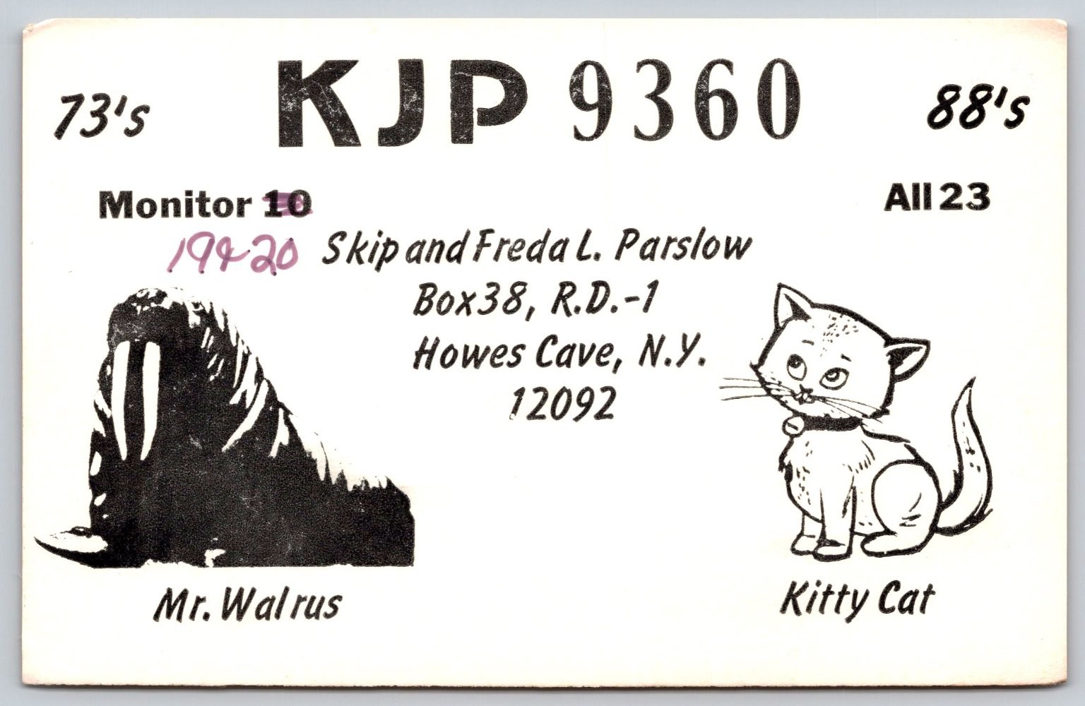 Vintage Howes Cave NY Ham Radio QSL Card KJP 9360 Mr. Walrus Kitty Cat B179
