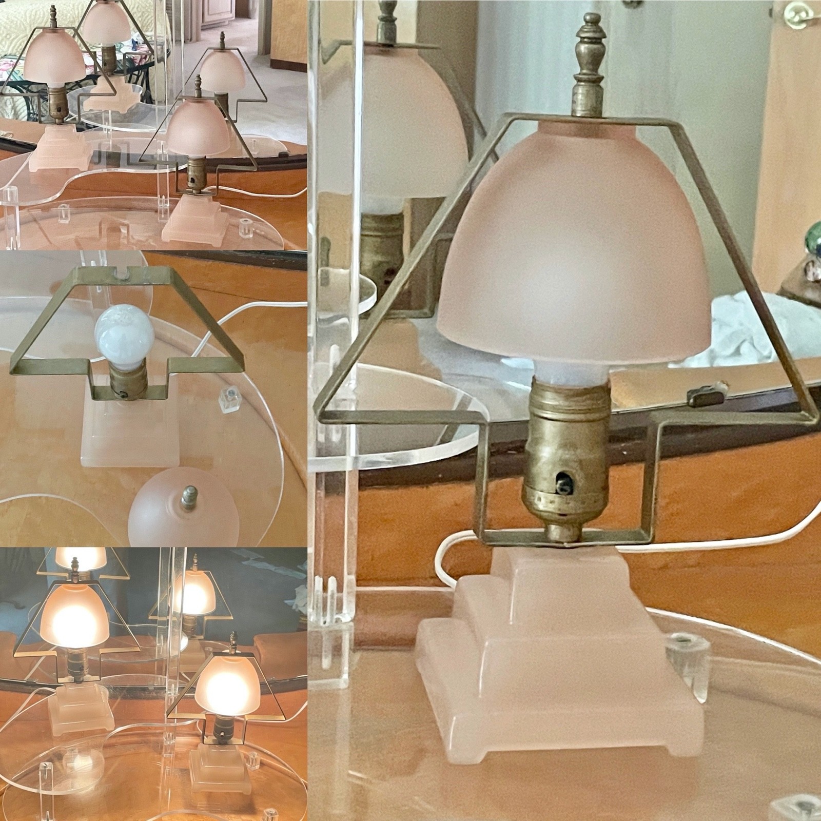 2 Vtg 1930\'s ART DECO Houze Glass STEPPED DESIGN Pink Boudoir/Bedroom Lamps