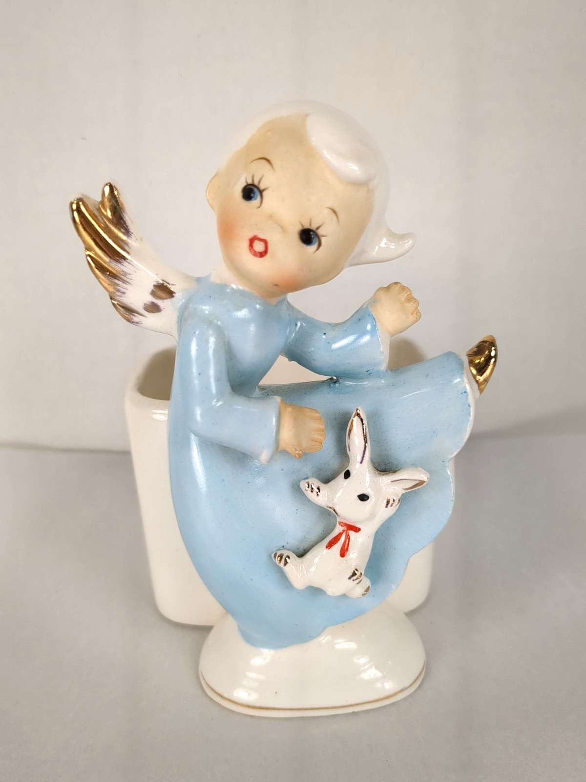Enesco Dancing Angel Blue Dress Easter Bunny Ceramic Planter Figurine Japan Vtg
