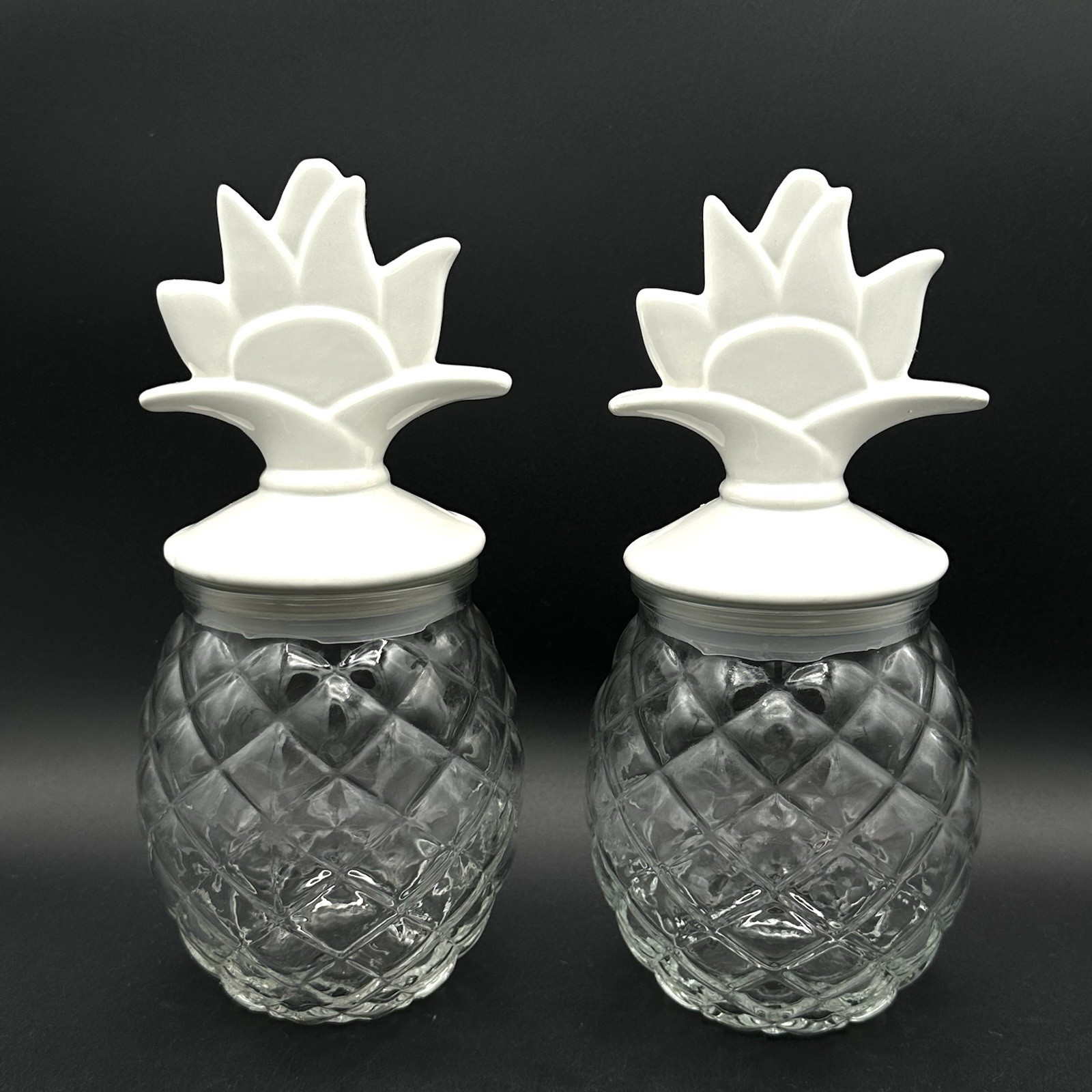 Two Target Pineapple Jars Clear Glass White Ceramic Lids 9.75 Inches Tall