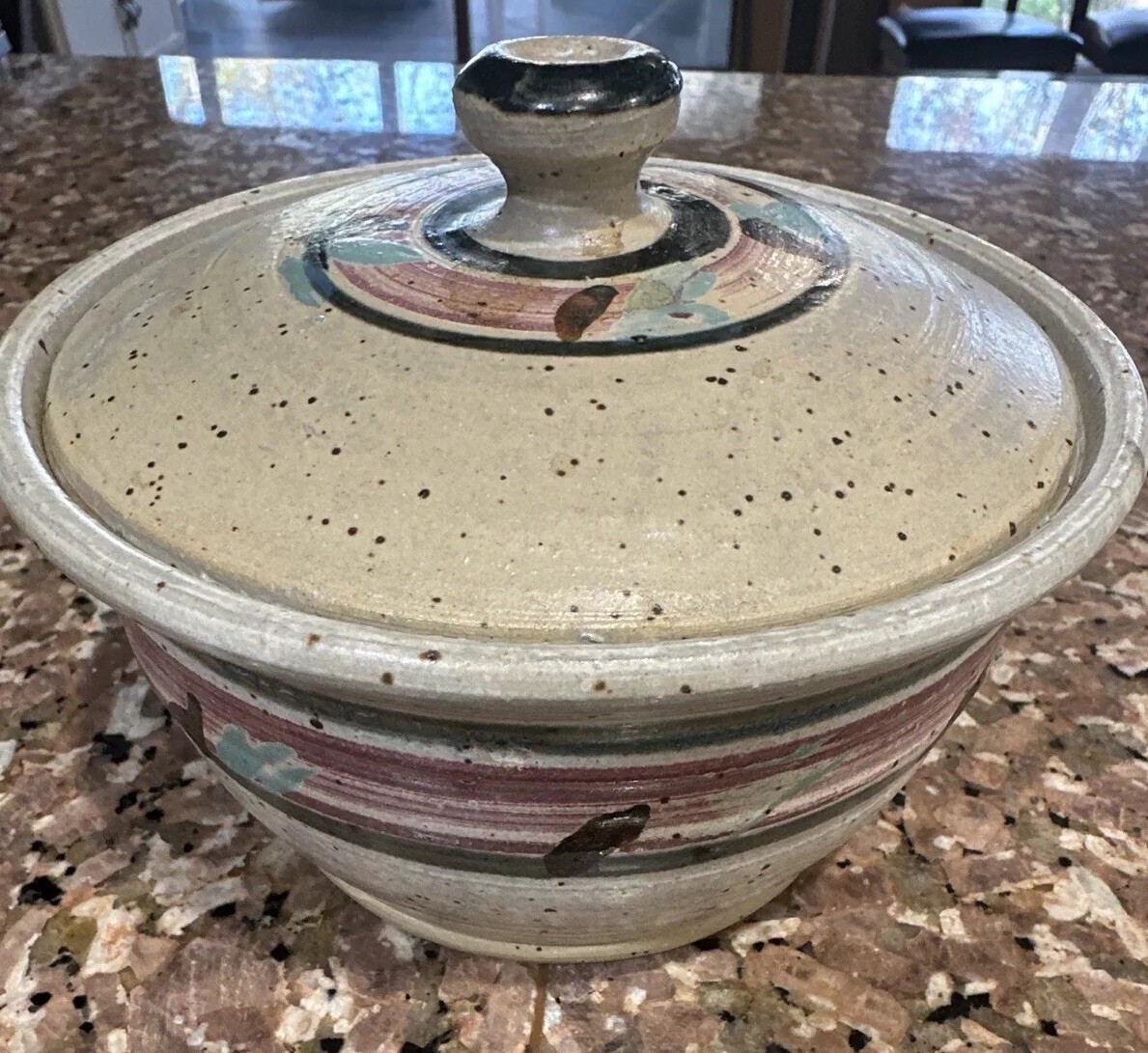 Dakota Stoneware Dish Crock Casserole W/Lid Blue Beige Pink Pottery Stamped EUC Dakota Stoneware Dish Crock Casserole W/Lid Blue Beige Pink Pottery Stamped EUC