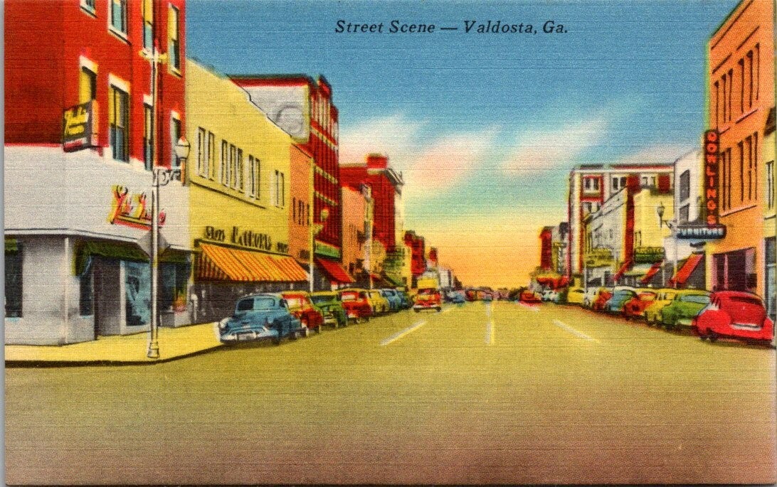 Vintage Postcard Street Scene Valdosta Georgia 1940s Signage Cars Linen