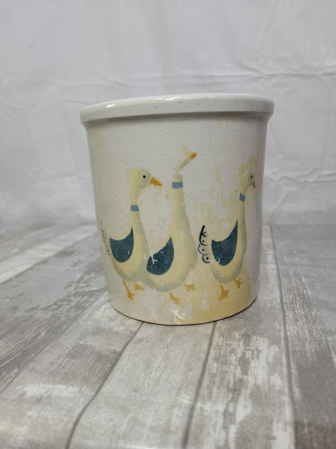 Vtg RRP Co Roseville Ohio Goose Geese Blue Ribbon Stoneware Pottery Crock Small
