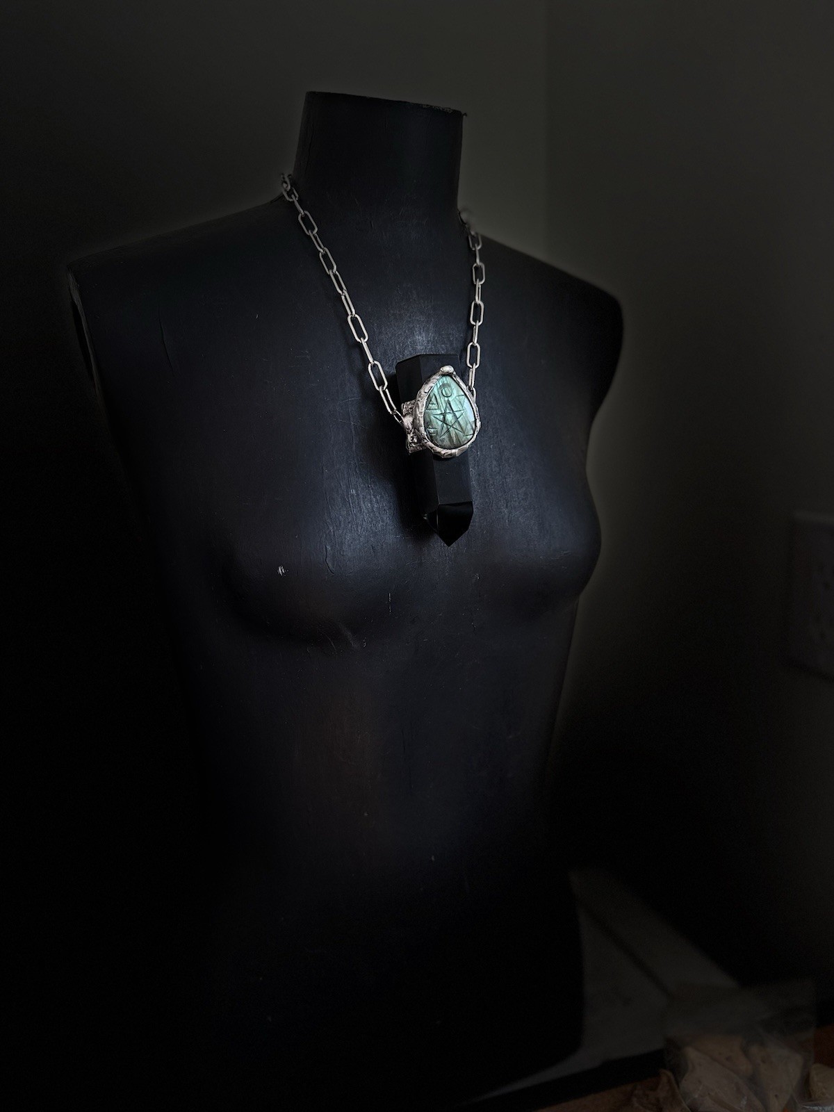 Labradorite Pentagram Pendant Necklace Black obsidian statement jewelry protecti