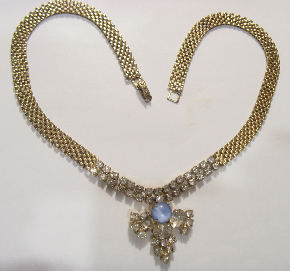 1950s vintage gold tone metal prong set diamante gems necklace jewelry 54806
