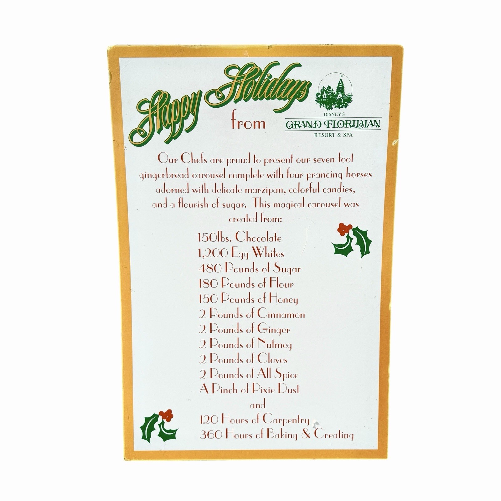 Vintage Disney Grand Floridian Resort Gingerbread Carousel Holiday Display Sign
