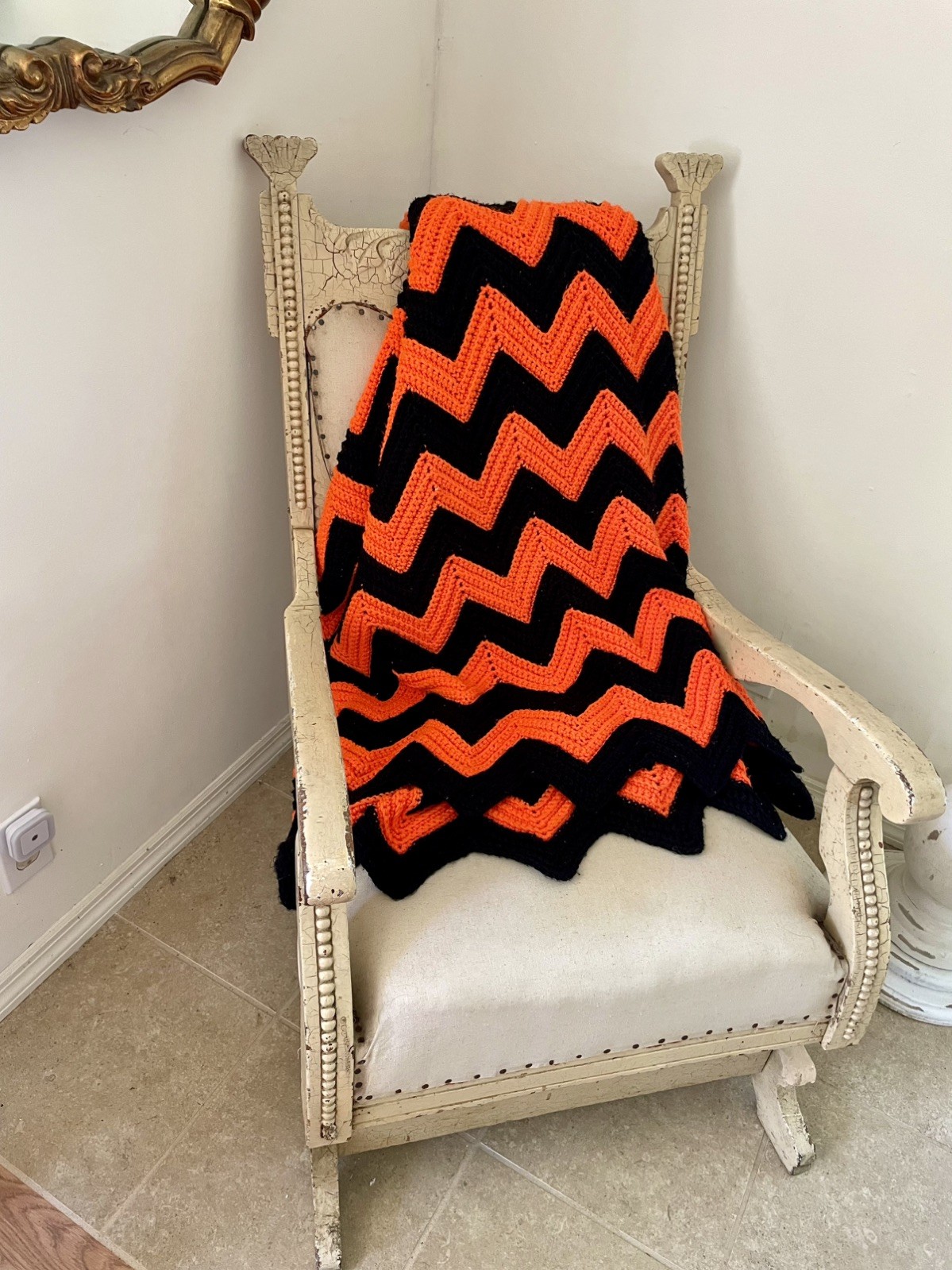 Vintage Handmade Knit Chevron Afghan 42 x 84 Orange & Black great for Halloween 