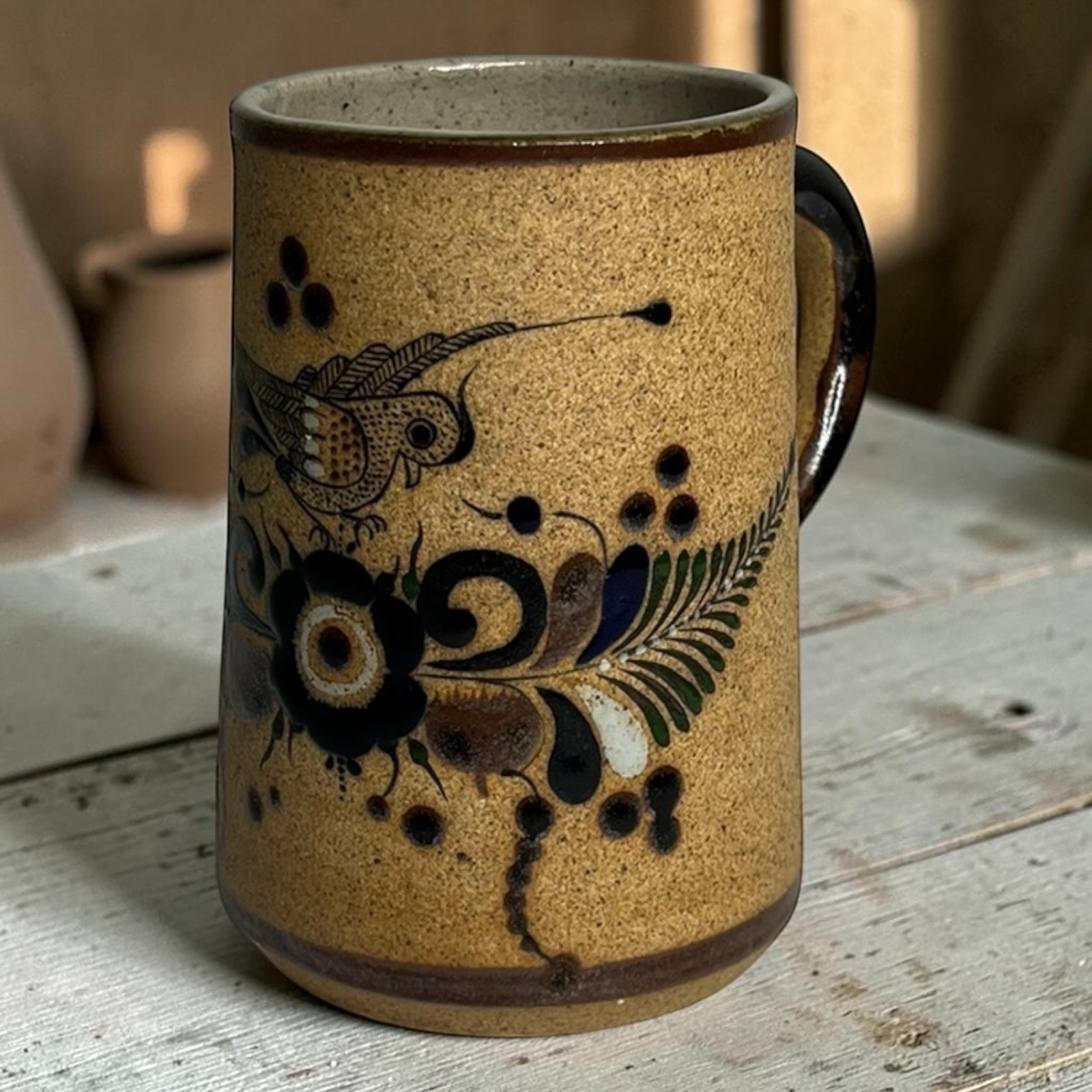 Mexico Tonala Pottery Netzi Sandstone Texture Folk Art Mug Cup Handpainted Boho