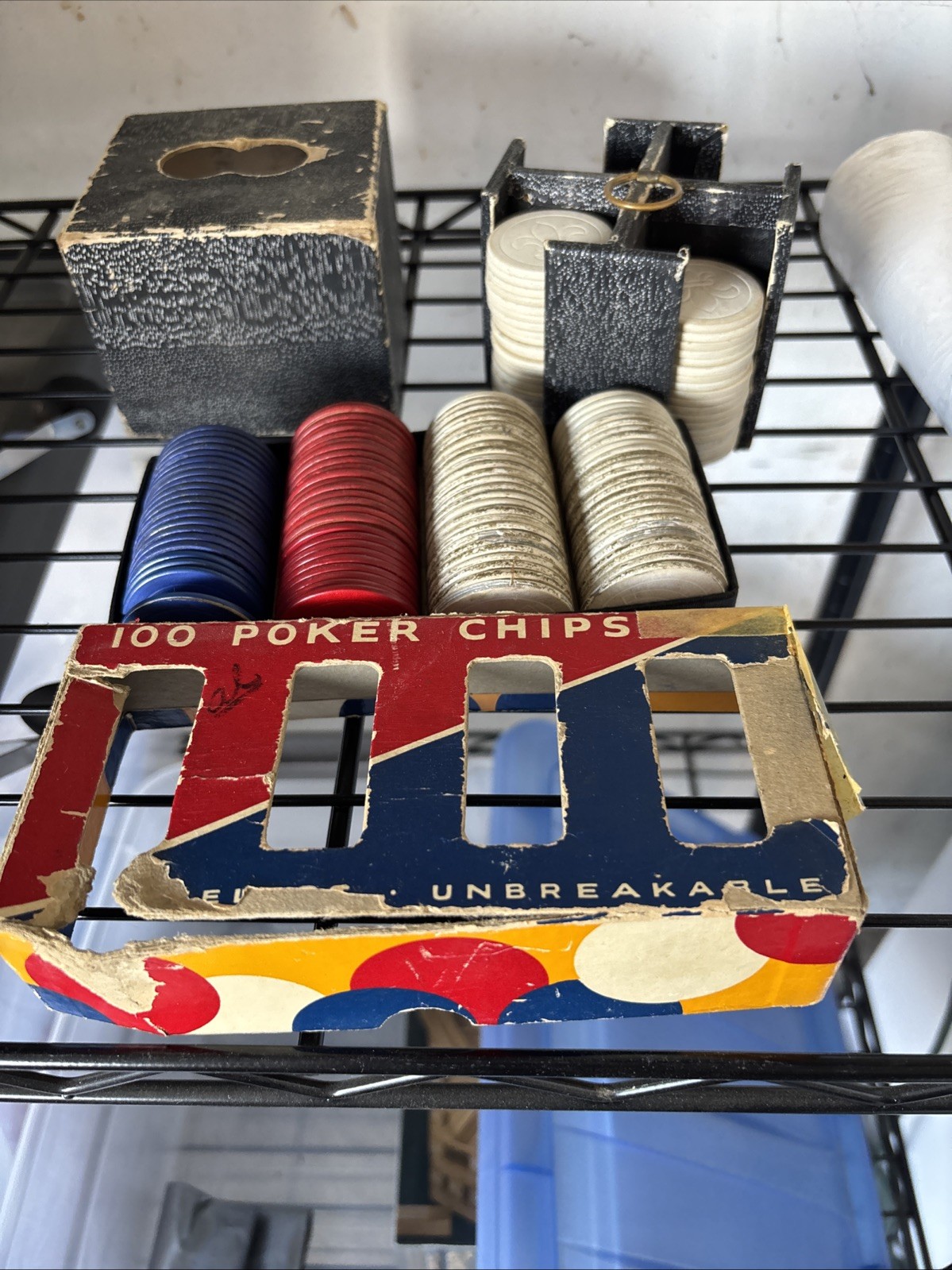 Antique Vtg Wood Poker Holder w/ Clay Chips Old West Saloon 97 Total, Lobster