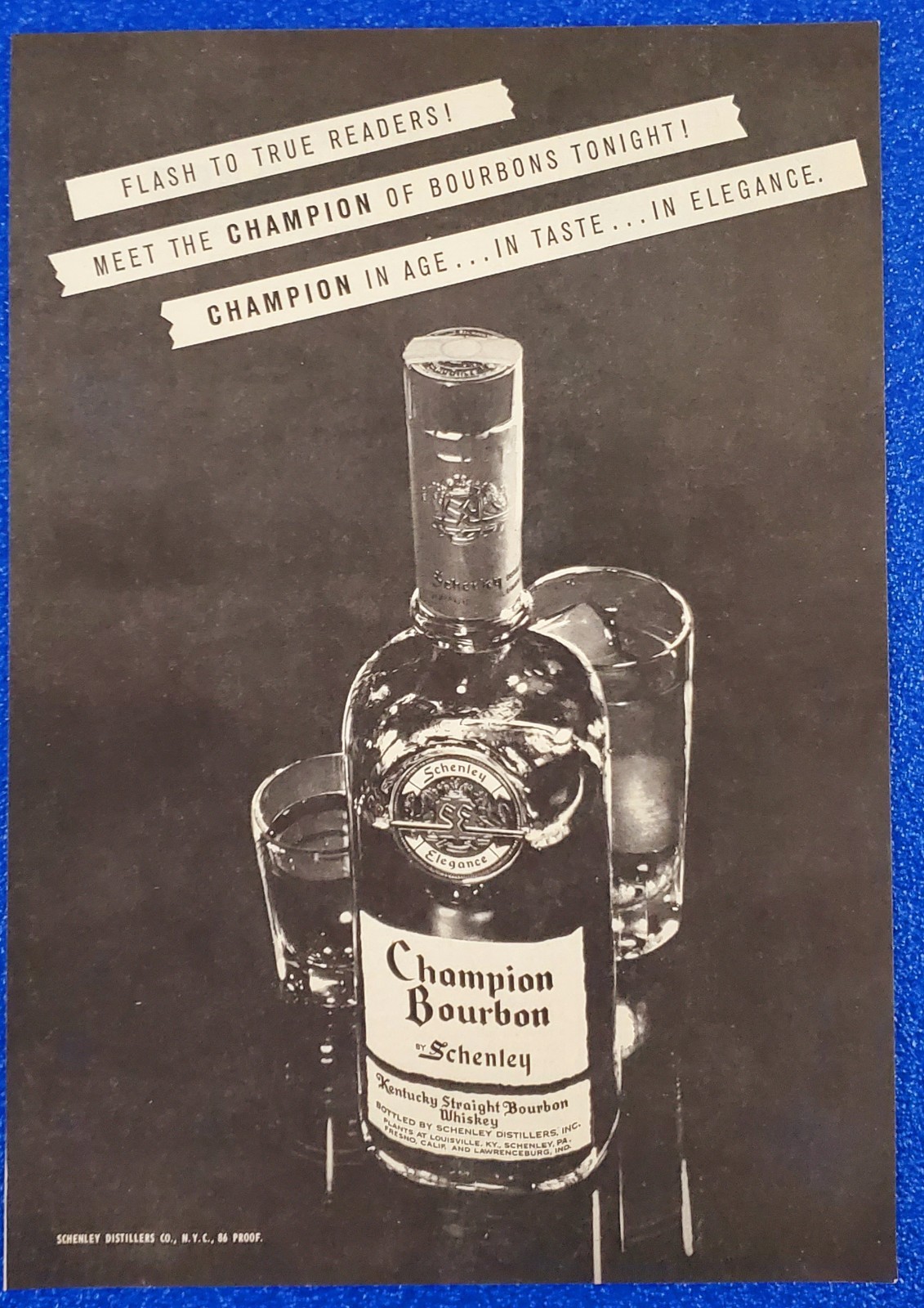 1957 SCHENLEY CHAMPION KENTUCKY STRAIGHT BOURBON WHISKEY VINTAGE LIQUOR PRINT AD