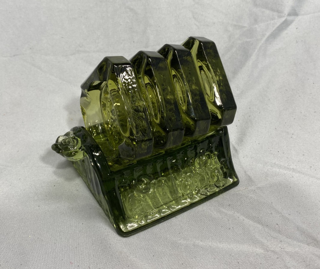 Vintage Fenton Colonial Green Glass Square 4 Rose Flower Ashtrays with Holder