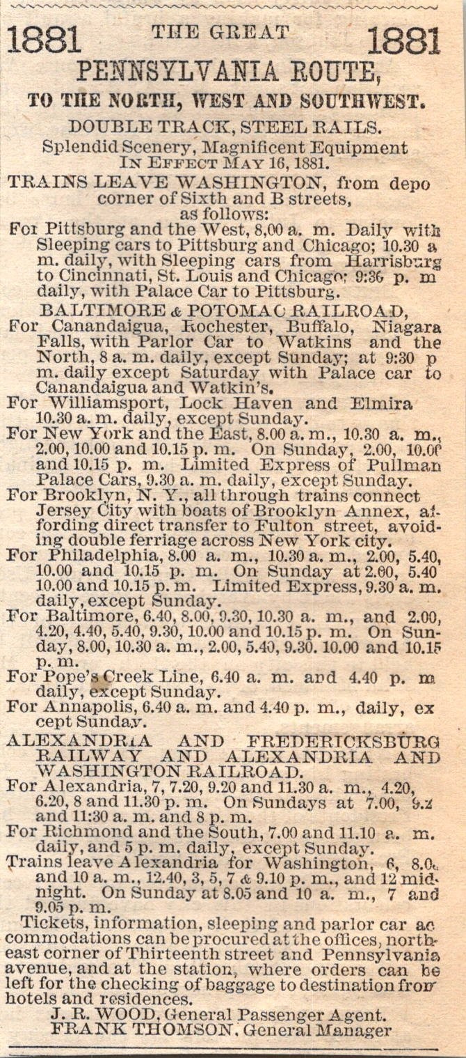 Pennsylvania Route To NW & SW Frank Thomson 1881 Washington DC Clipping TAJ8-H8