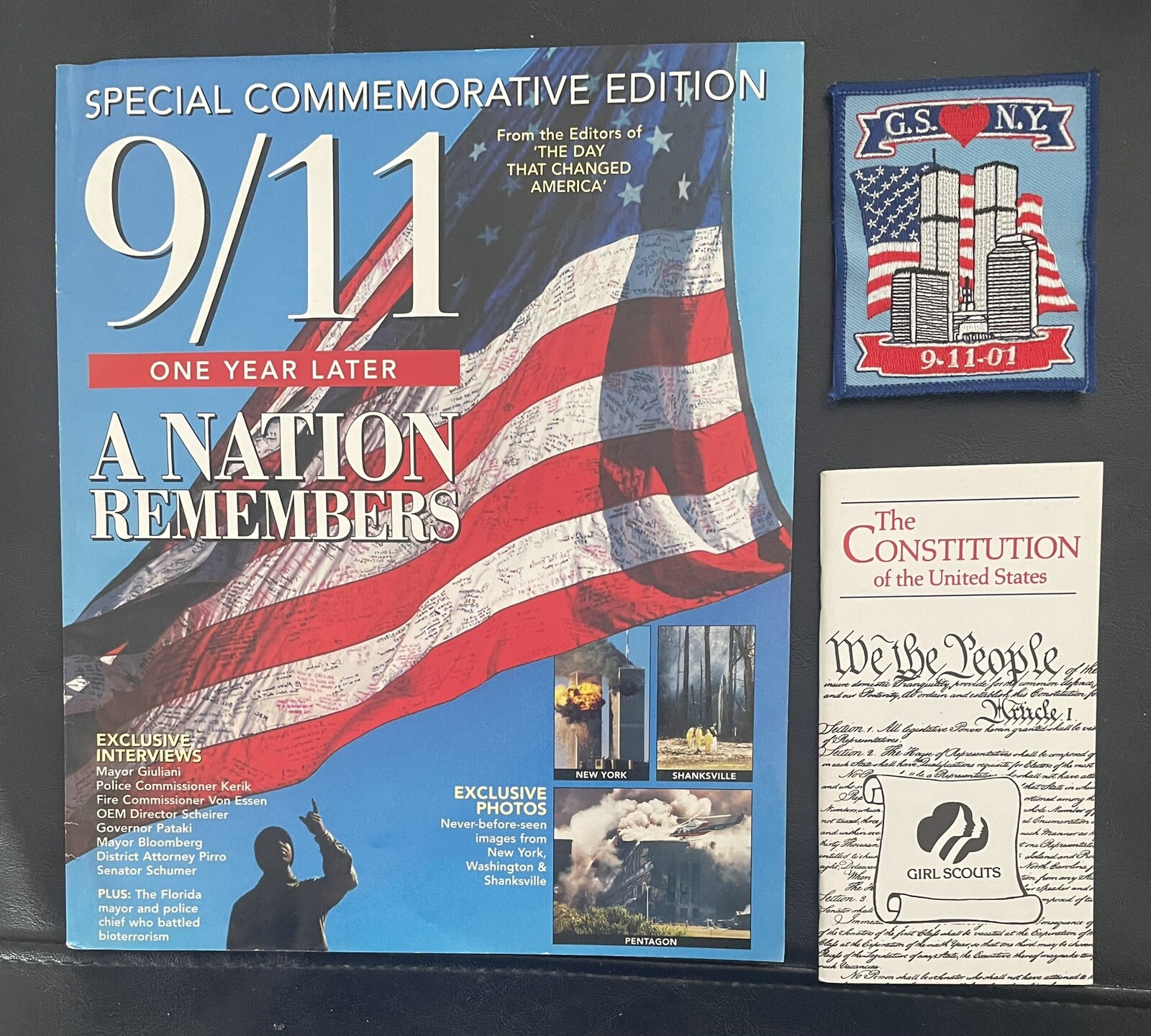REDUCED  RARE NEW 9/11 COMMEMORATIVE MAGAZINE-GSNY PATCH-CONSTITUTION BOOKLET