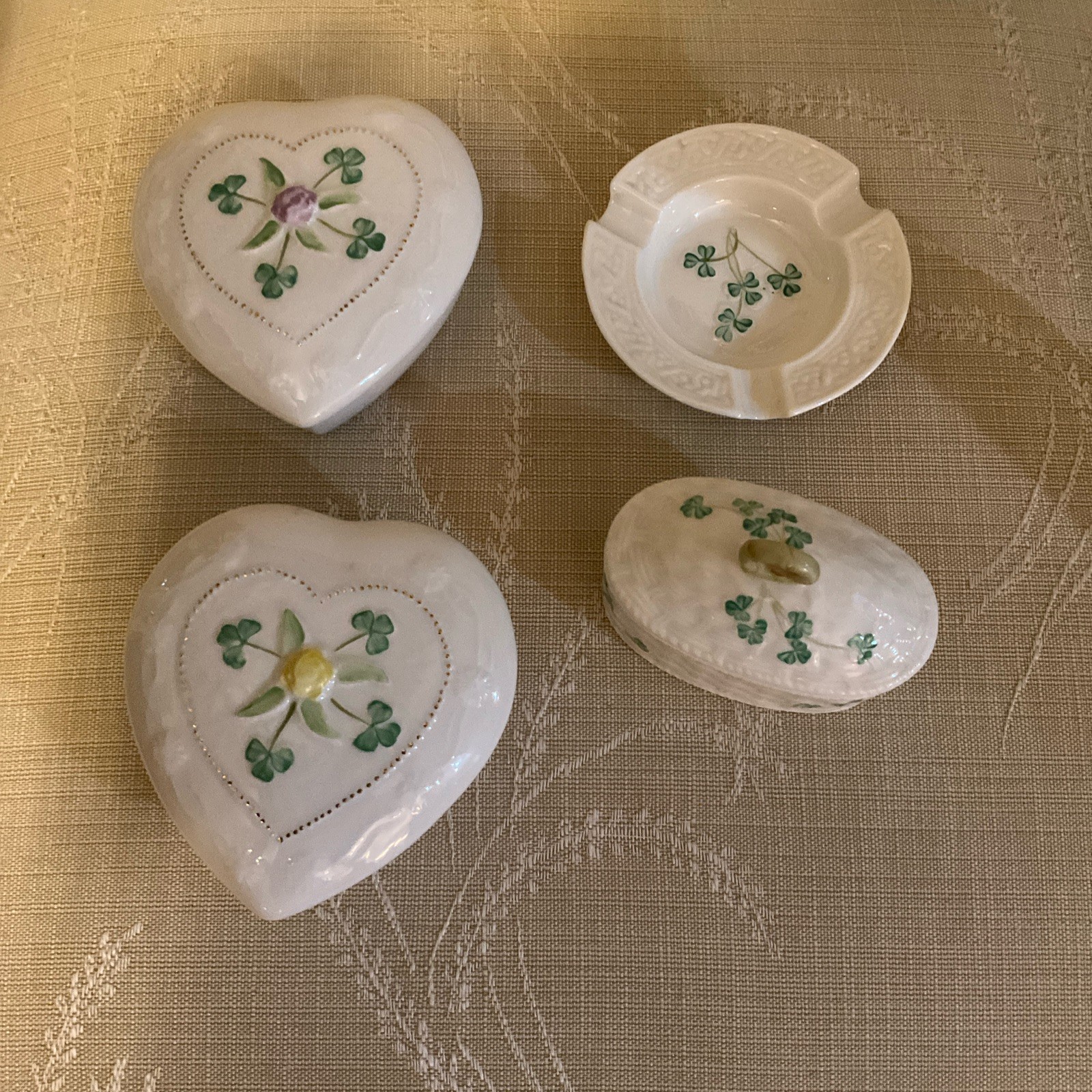 Lot of 4 Vintage Belleek Shamrock 2 Heart Boxes, Covered Basket Box, Ashtray Lot of 4 Vintage Belleek Shamrock 2 Heart Boxes, Covered Basket Box, Ashtray
