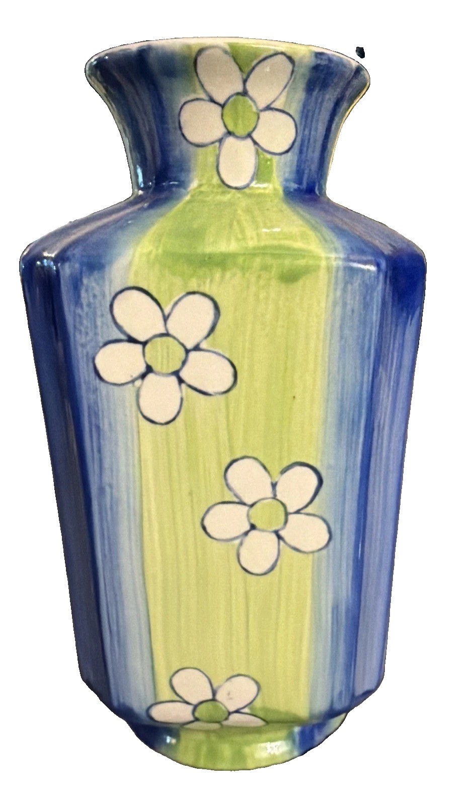 (2000s) Vintage Striped Daisy Motif Ceramic Vase – Hand-Painted Retro