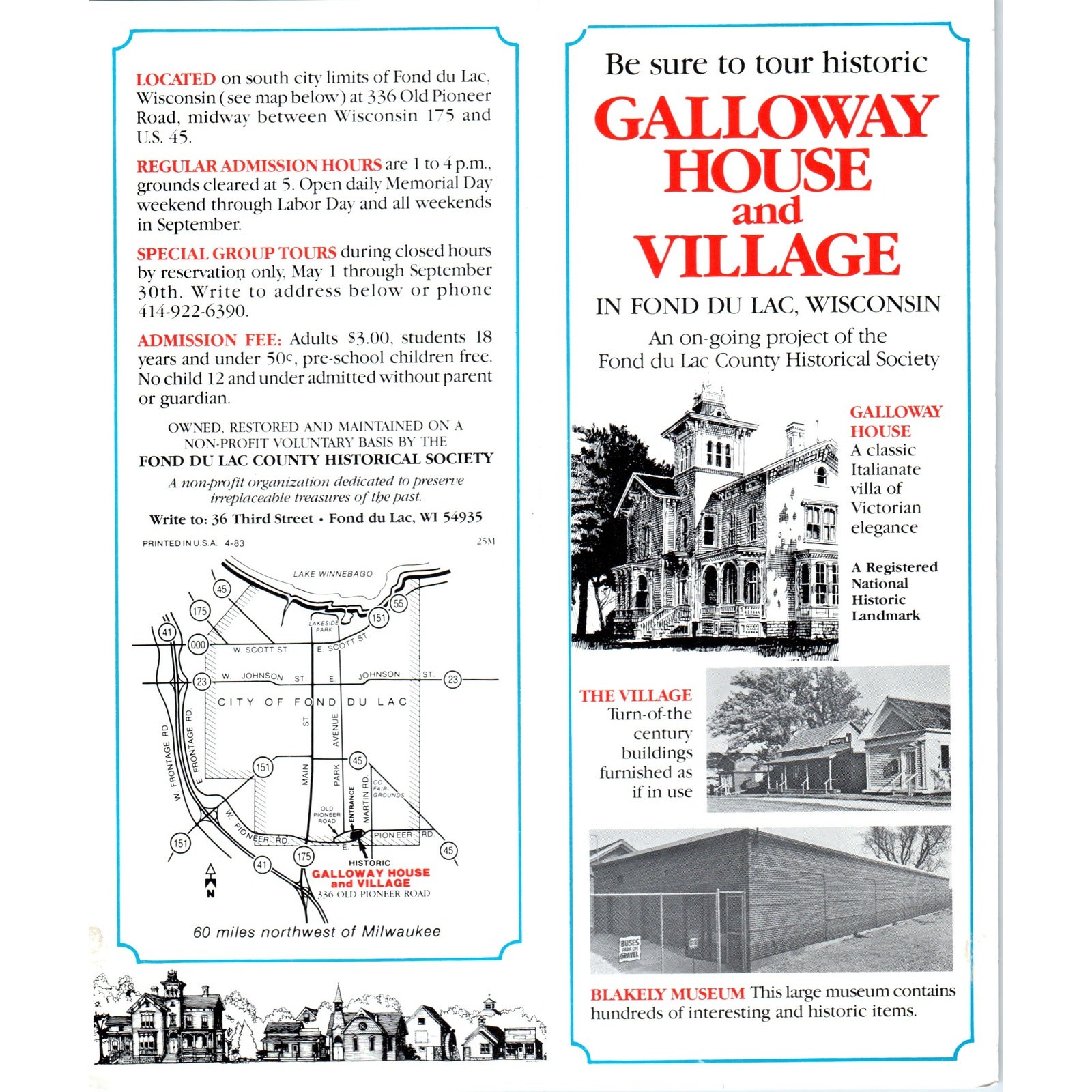 Vintage Galloway House and Village Fond Du Lac Wisconsin Travel Brochure H5-5
