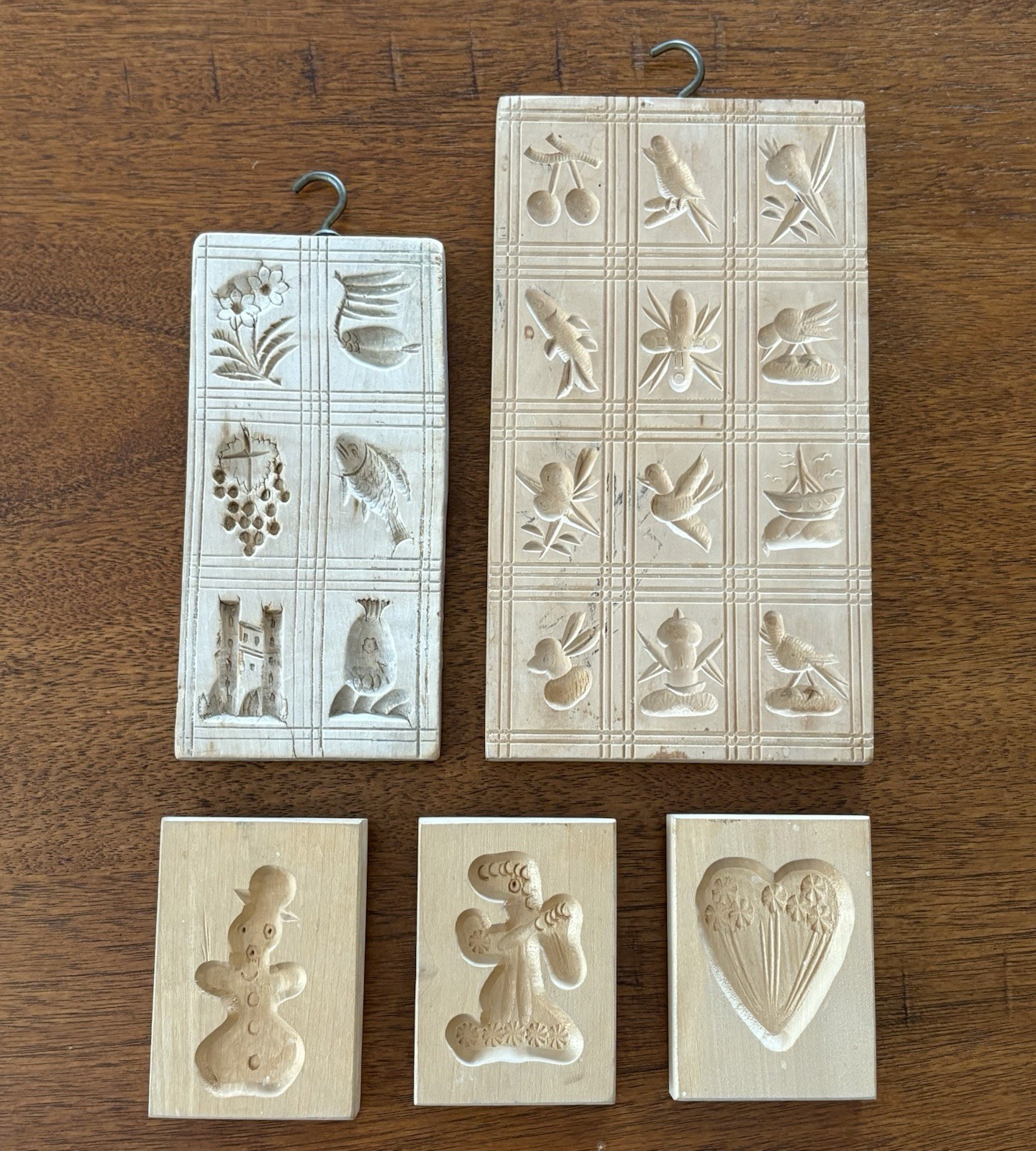 Antique Springerle Wood Carved Molds Lot Of 5 (1 Large, 1 Medium, 3 Small)