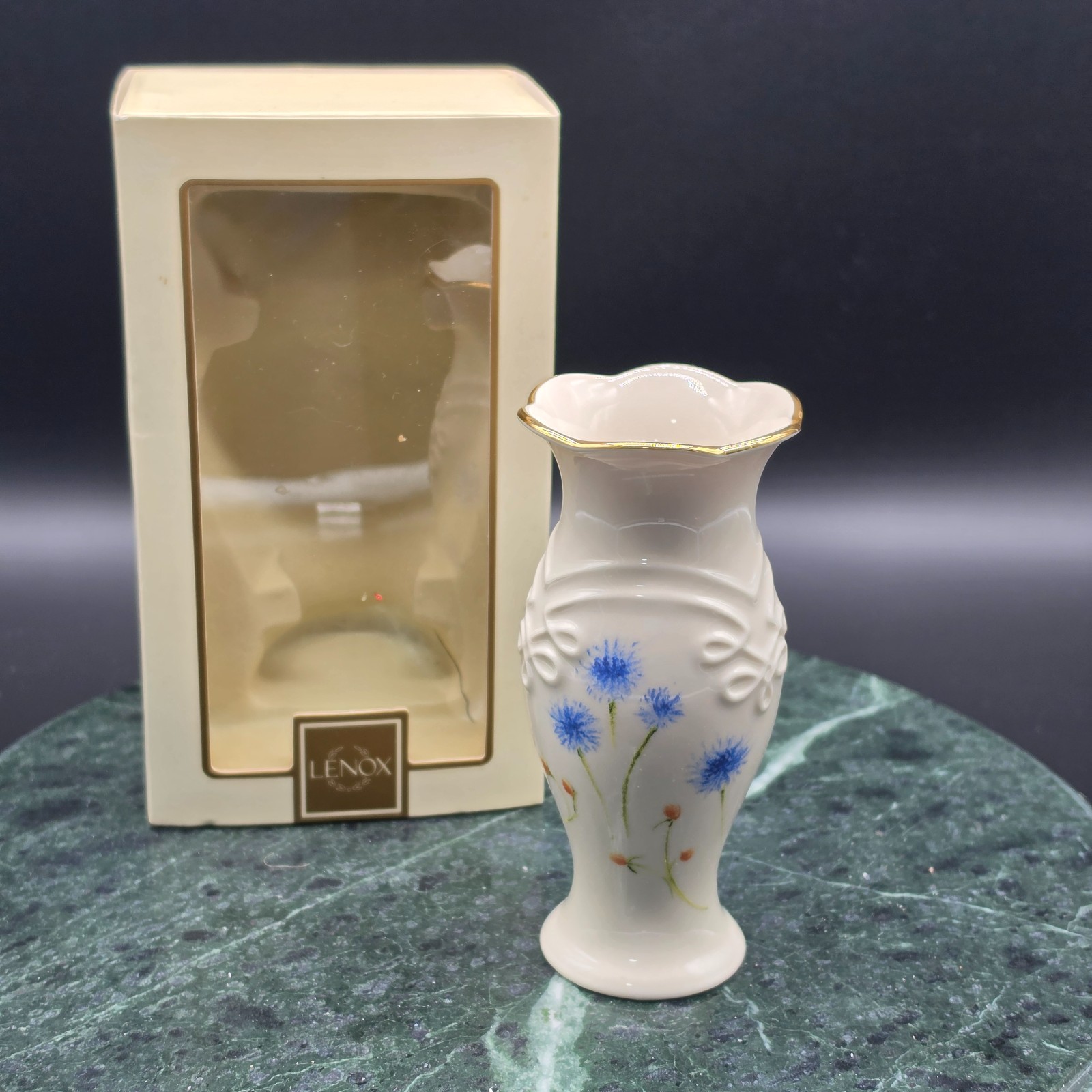 Vintage Lenox Gold Trim small bud Vase Blue and pink flowers Embossed w/ Box