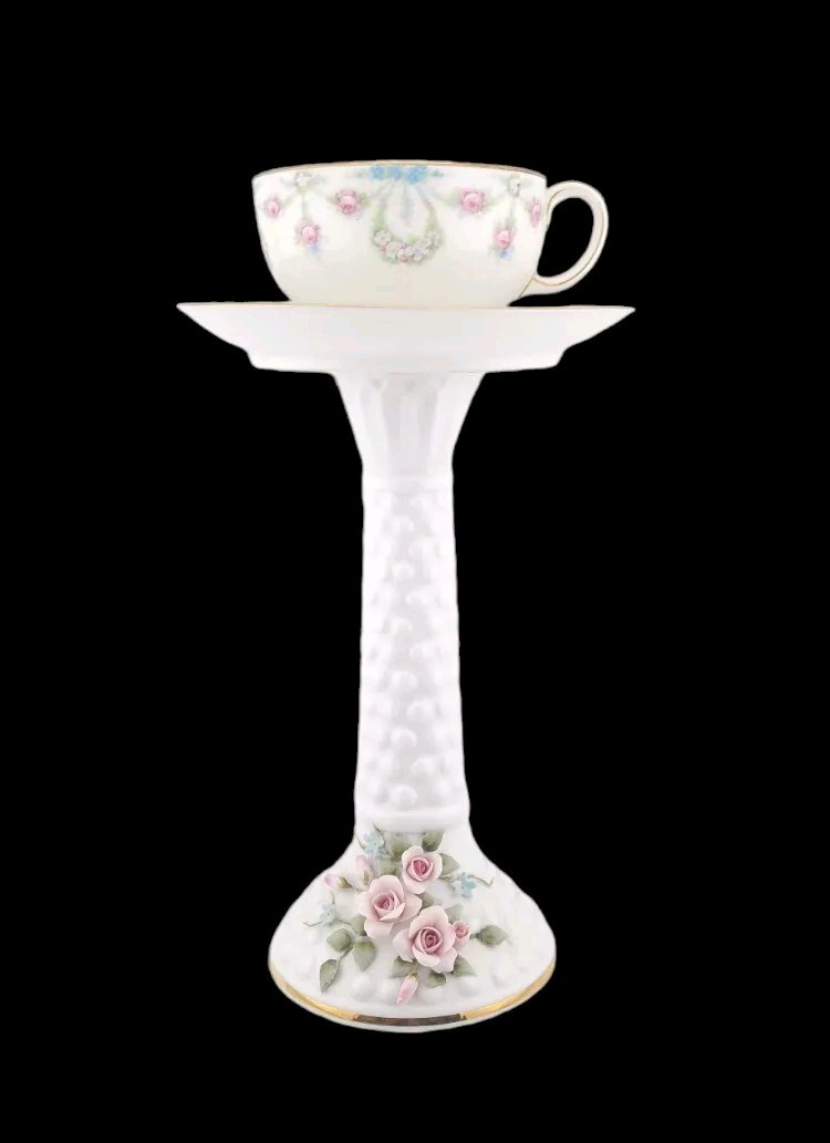 Porcelain Teacup Candleholder Lefton White Milk Glass Base Vintage 