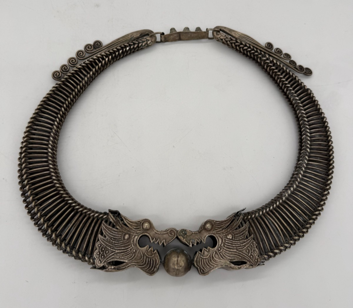 Antique Chinese Miao Hmong Silver Dragon Torque Collar Necklace 16 oz Hill Tribe