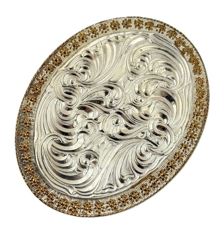 Vtg Crumrine Engraved Floral Silver Gold Tone Western Bolo Tie Slide USA Made