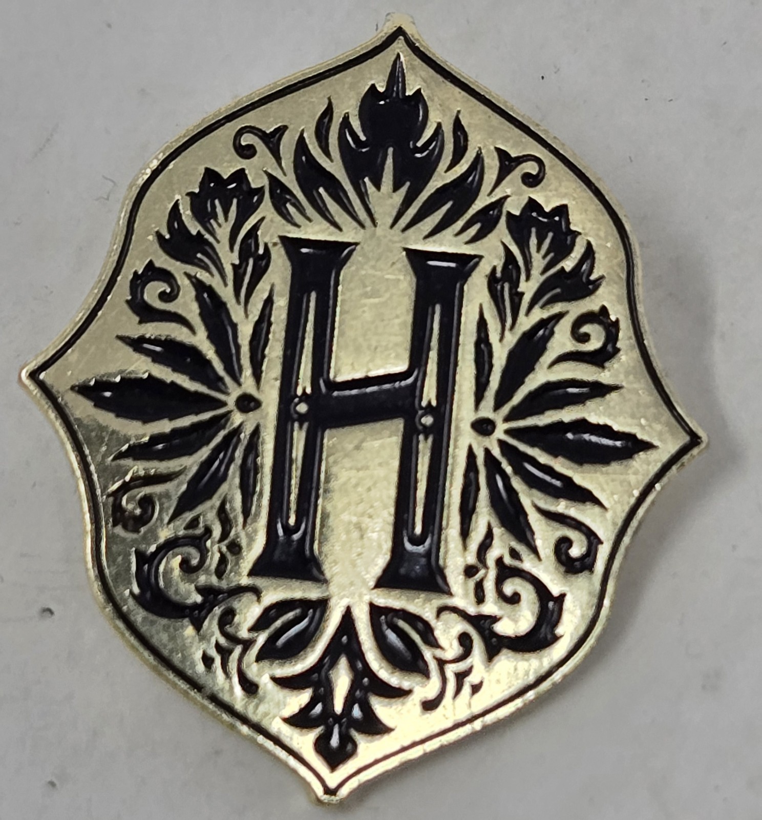 Vintage H Crest Lapel Pin Gold Color Metal Black Ink Hat Pin