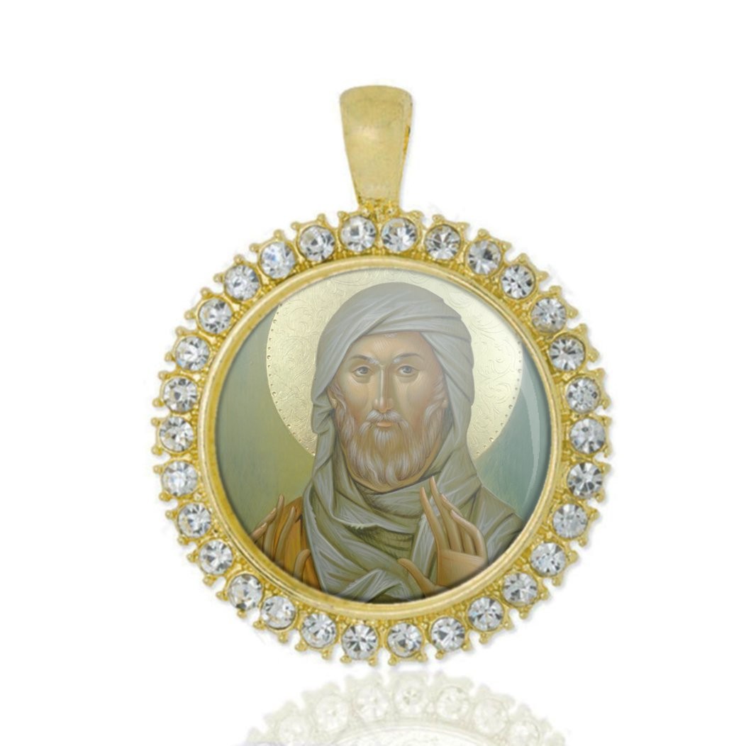 St Ephraim Christian Round Medal Gold Tone Pendant with Rhinestones