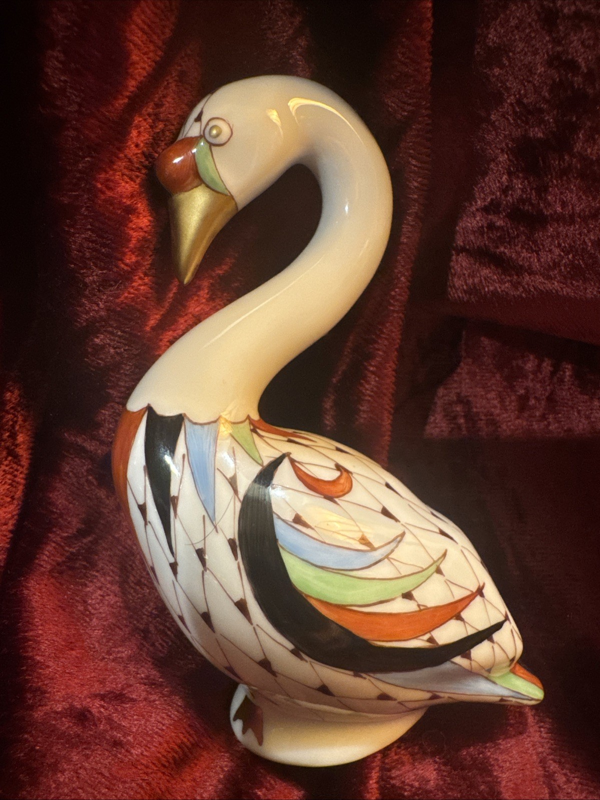 Vintage Hollóháza Hungary Hand-Painted Fishnet Porcelain Swan Figurine