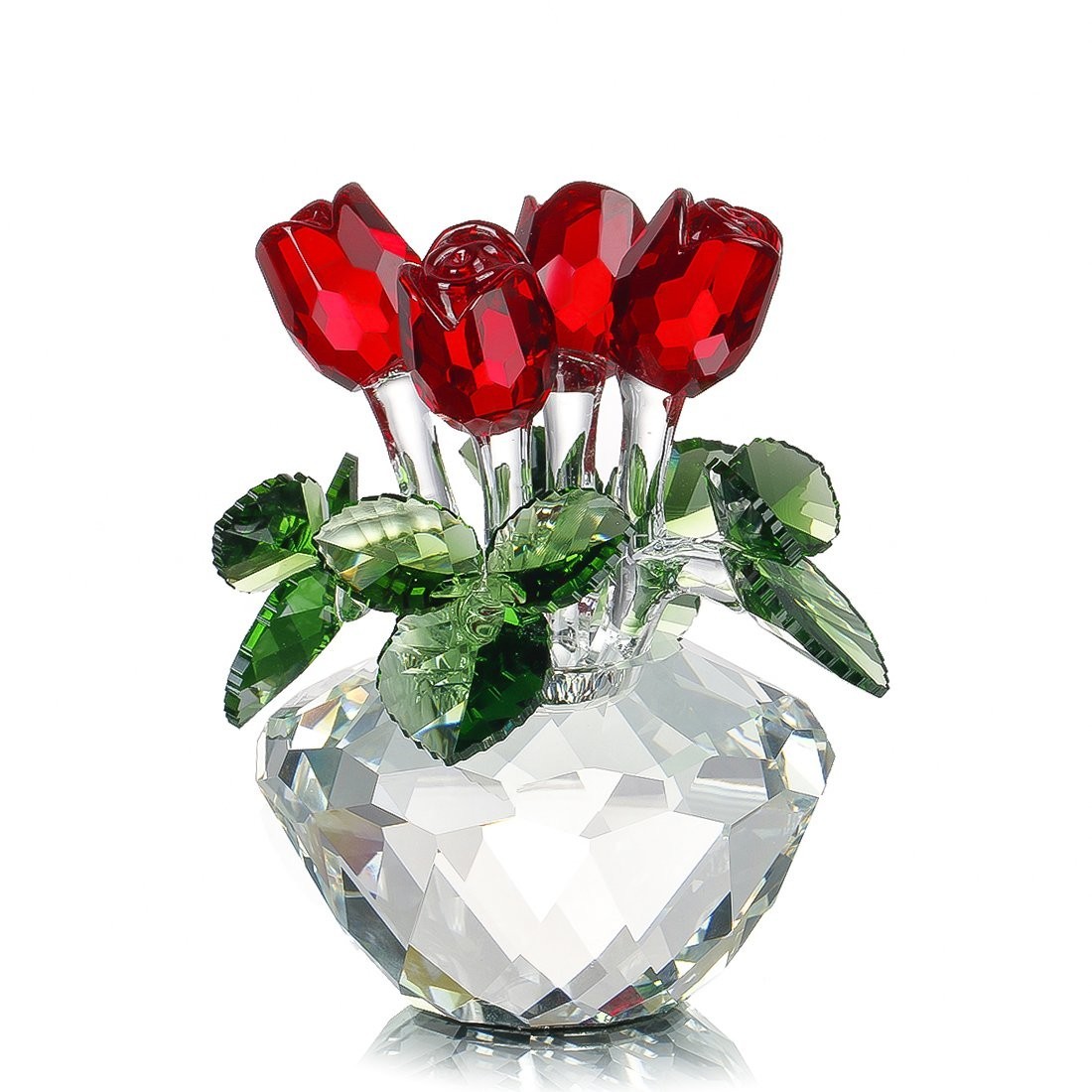 Red Rose Figurine Ornament Spring Bouquet Crystal Glass Flowers Gift-Boxed