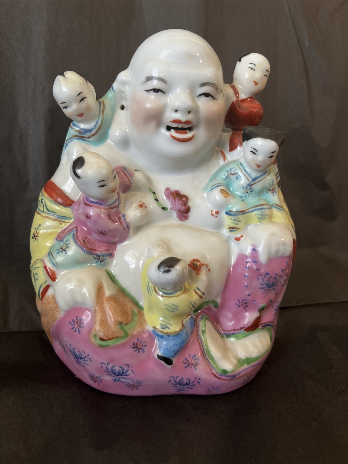 Vintage Hand Painted Ceramic Asian Chinese Buddha with Children. Bright Colors