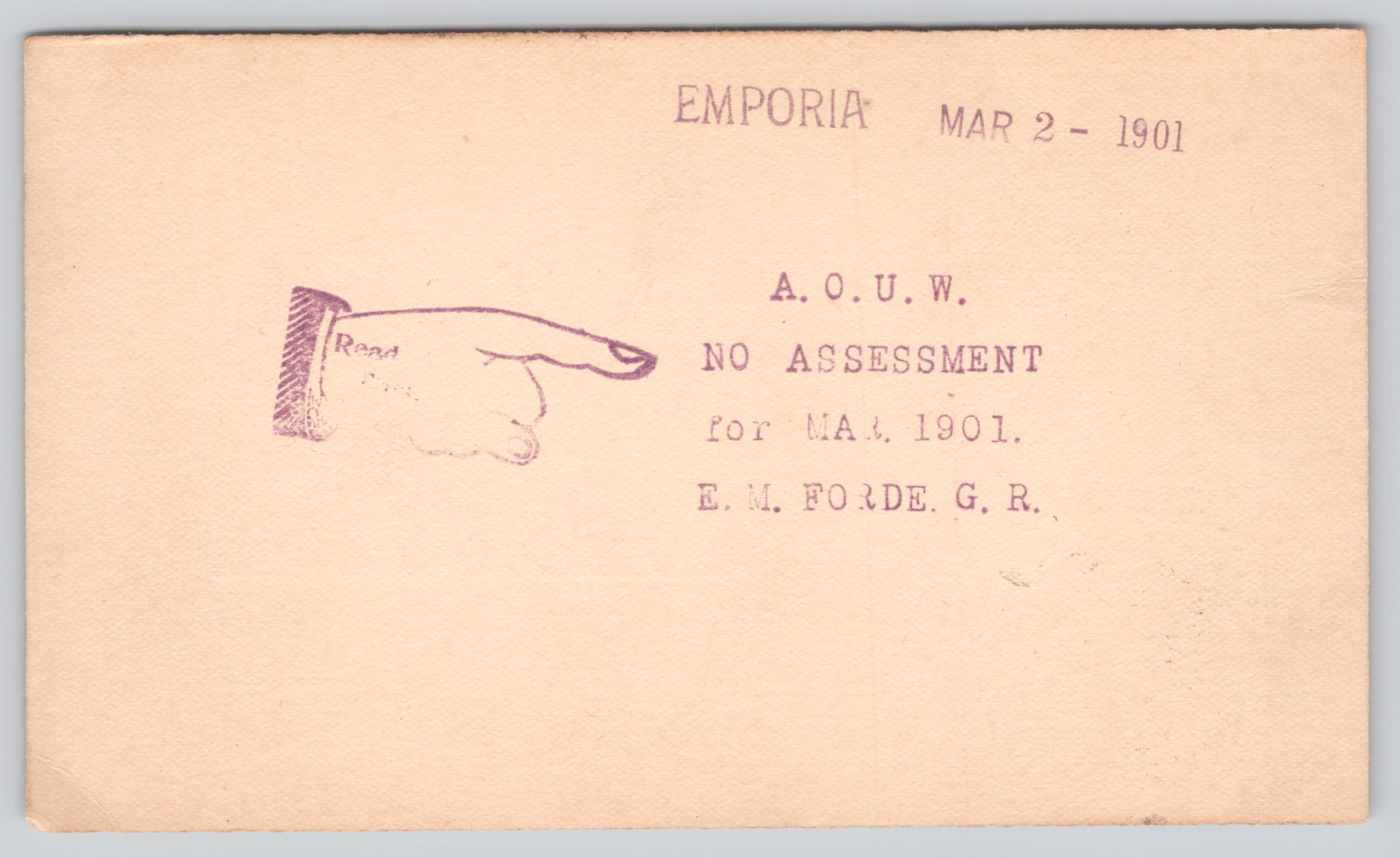 Postcard 1901 AOUW No Assessment Notice Emporia KS Fraternal Postal Card
