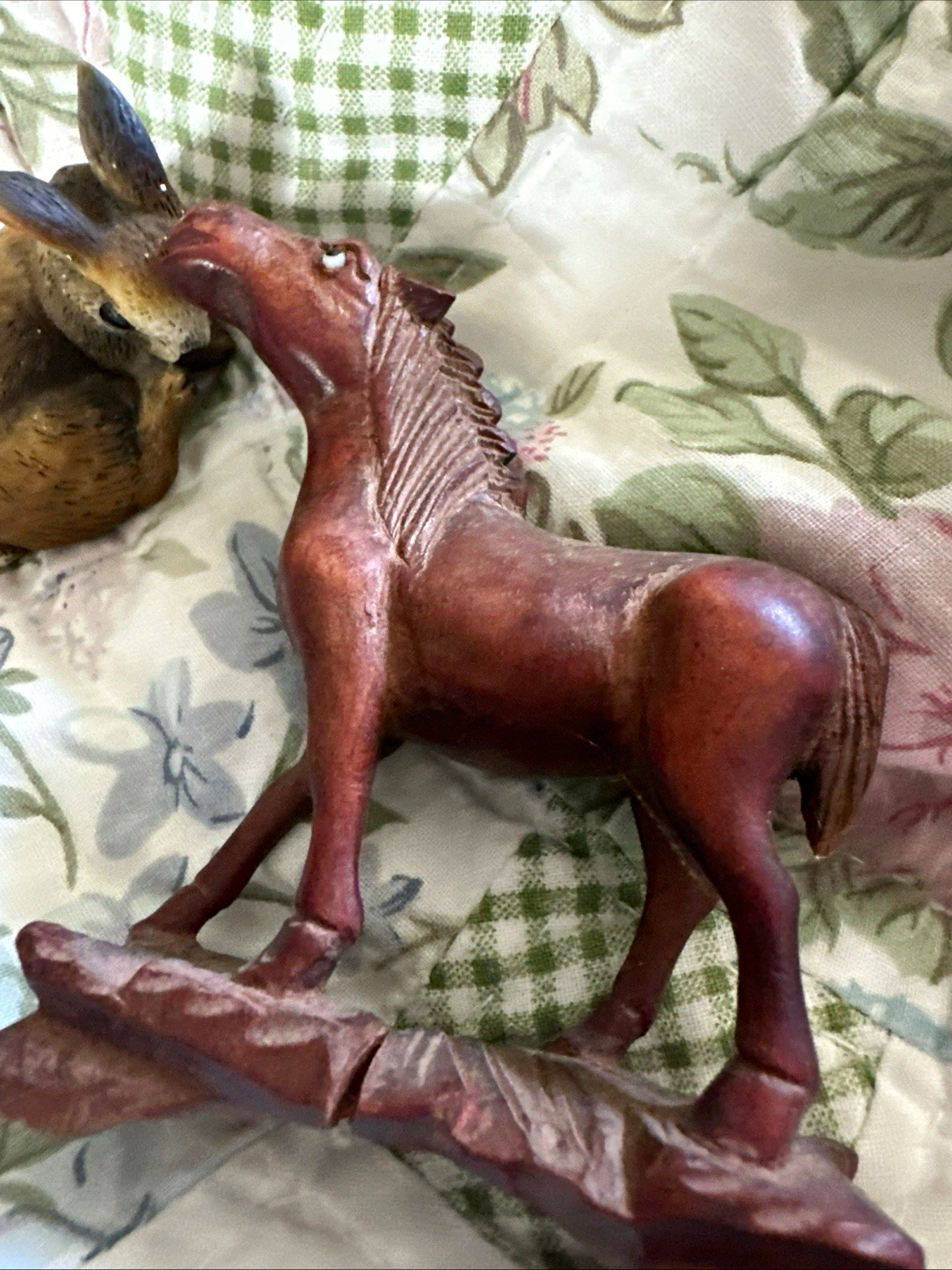 Hand Carved Wooden Horse Figurine on Base, Brown Wood Animal Decor