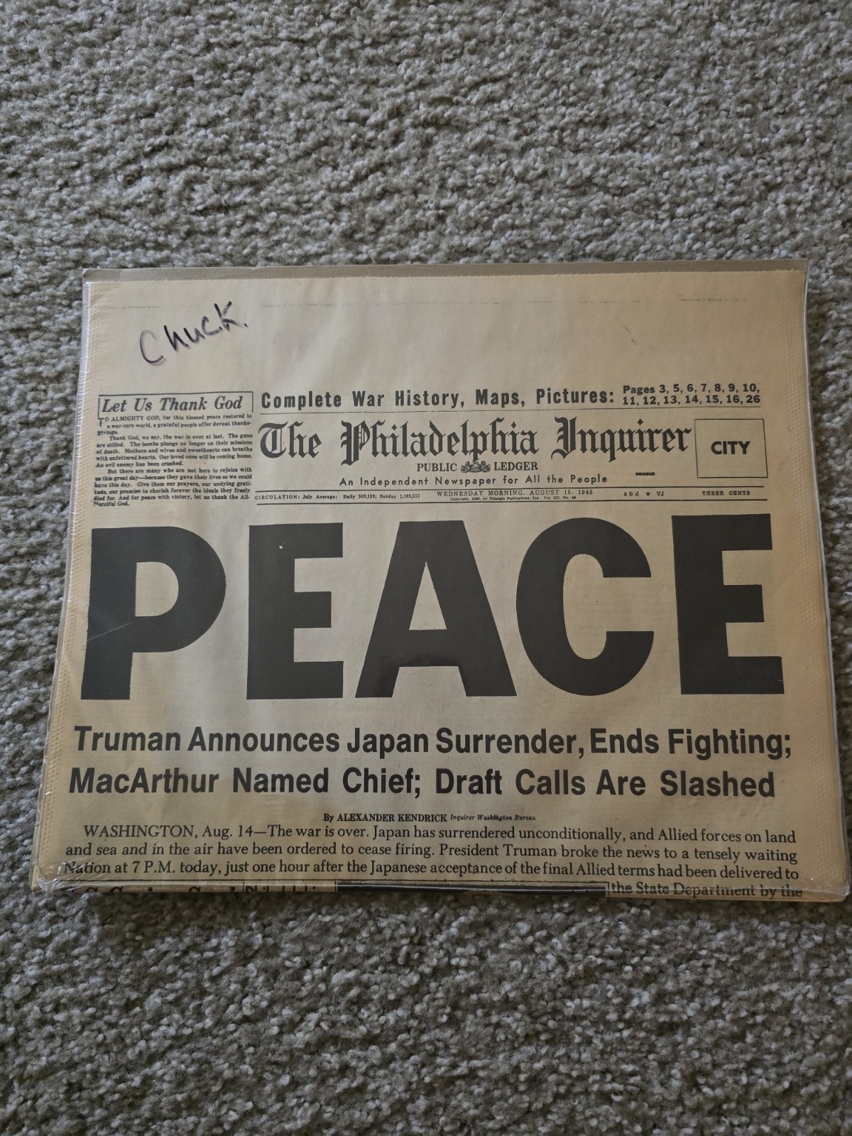 PEACE AUGUST 15 1945 SEALED Preserved In Seal-August 15,1945 Newsaper 
