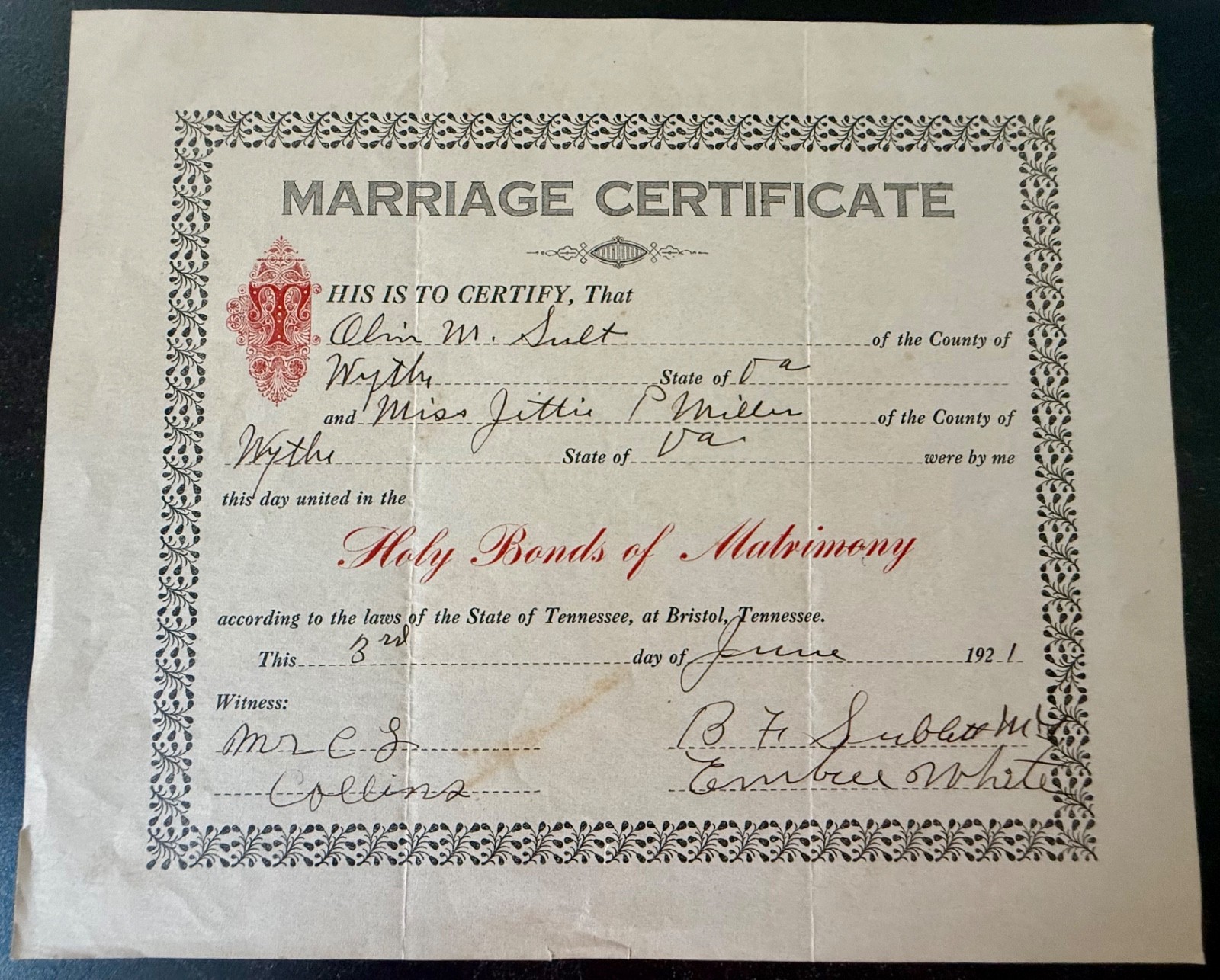 1921 Bristol TN Marriage Certificate Wythe County VA Antique Genealogy Document 1921 Bristol TN Marriage Certificate Wythe County VA Antique Genealogy Document
