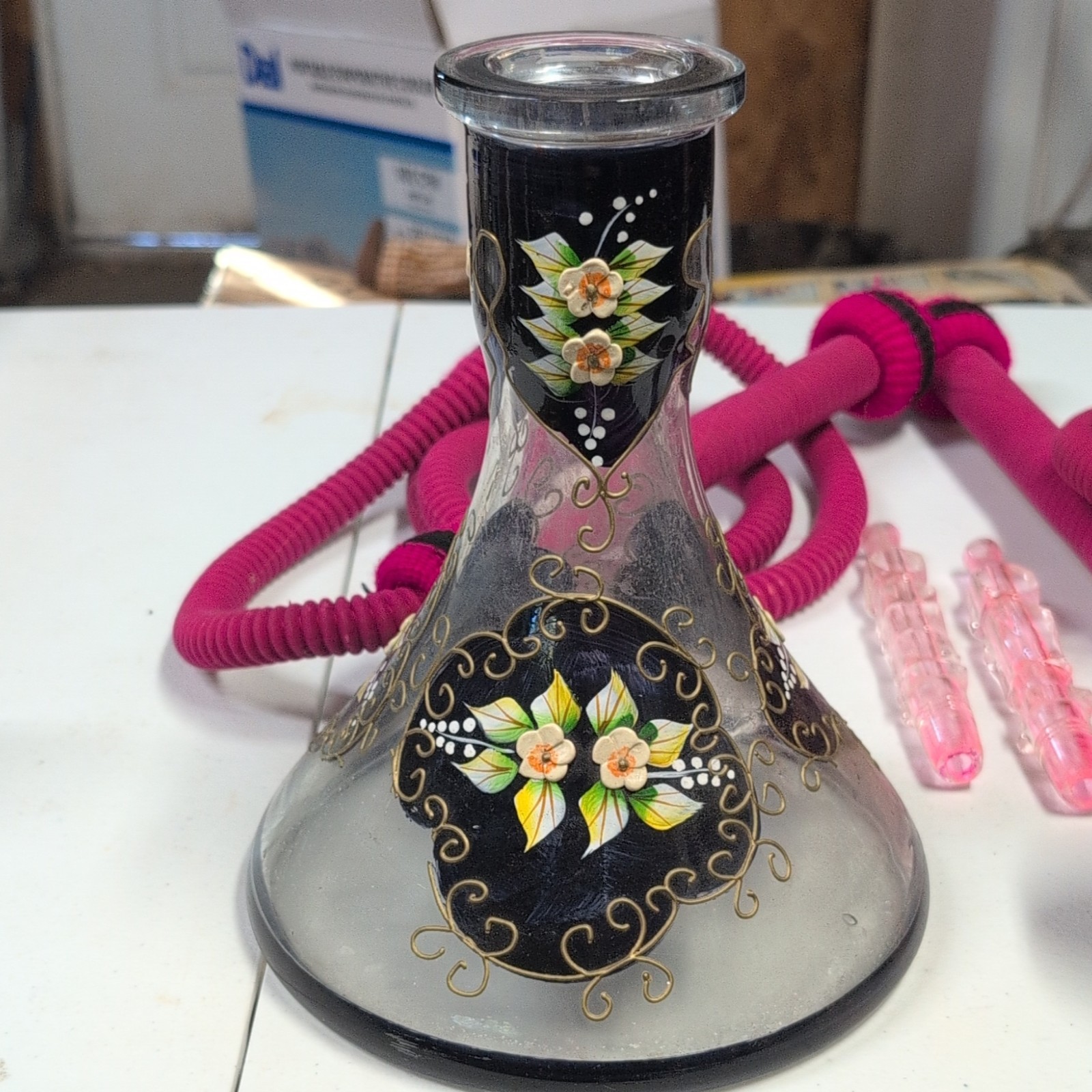 Vintage Bohemian Glass Hookah Base Set - Hand Painted Tre Fuochi - Bowl & 2 Hose