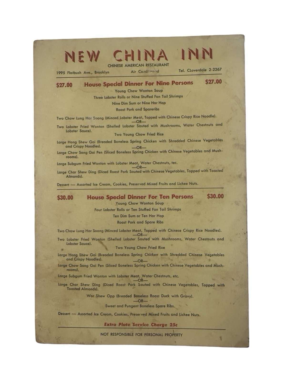 Vintage c1950s New China Inn Brooklyn NY Chinese Restaurant Menu New York Signed