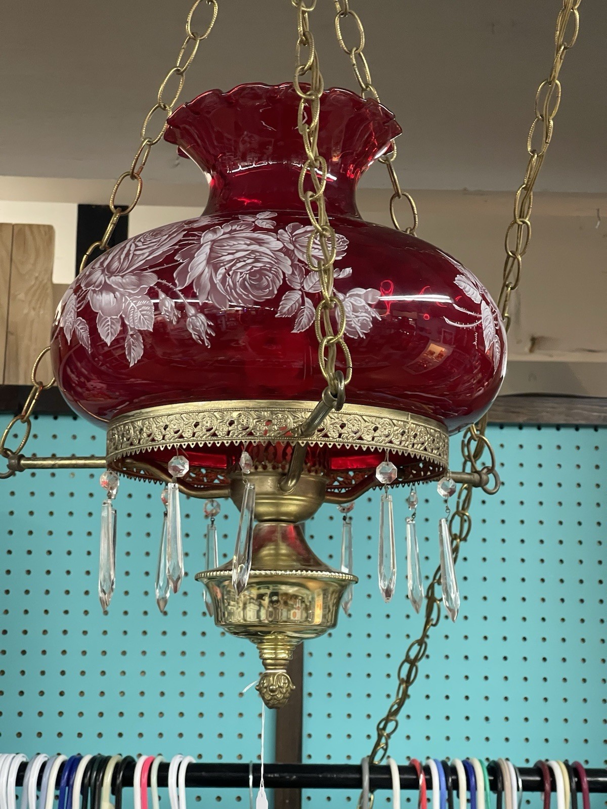1927  Red Glass Hanging Lamp with Floral Design And Hanging Crystals
