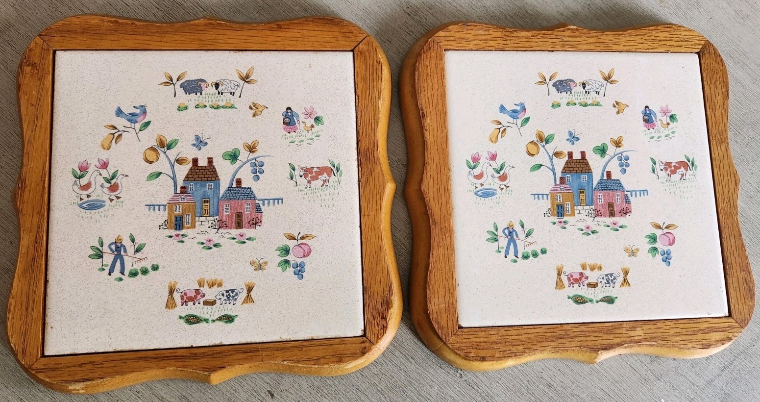 Pair Vtg Heartland by International Ceramic And Wood Trivet Wall Plaques