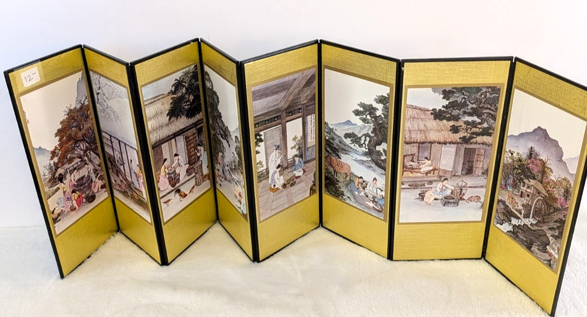 Vtg Korean Painting Eight-Panel Folding Screen Women Men Village Life Water-mill