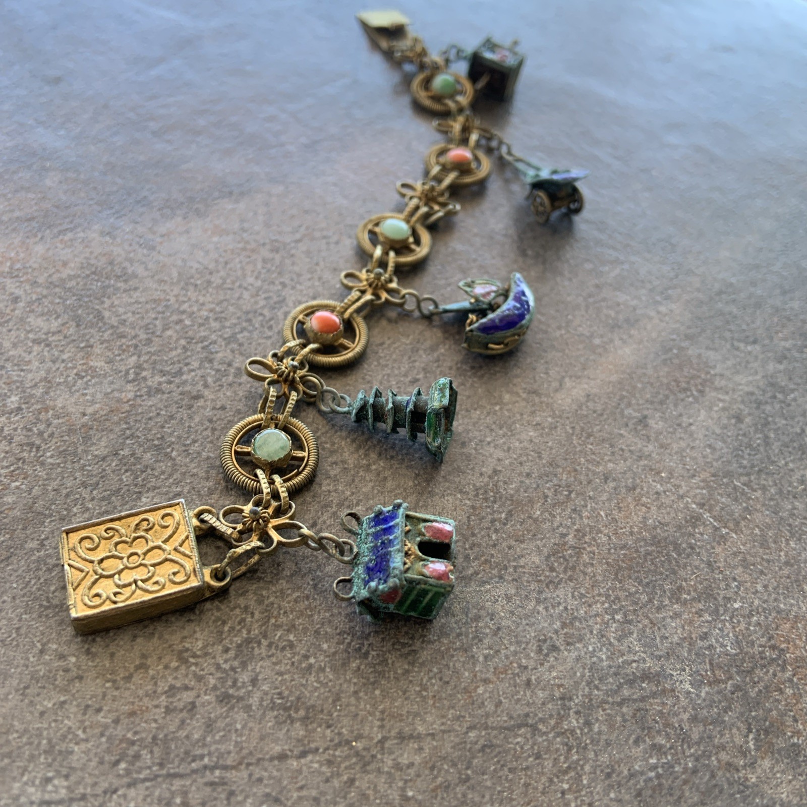 Vintage Antique Chinese Export Brass Enamel Charm Bracelet needs Repair