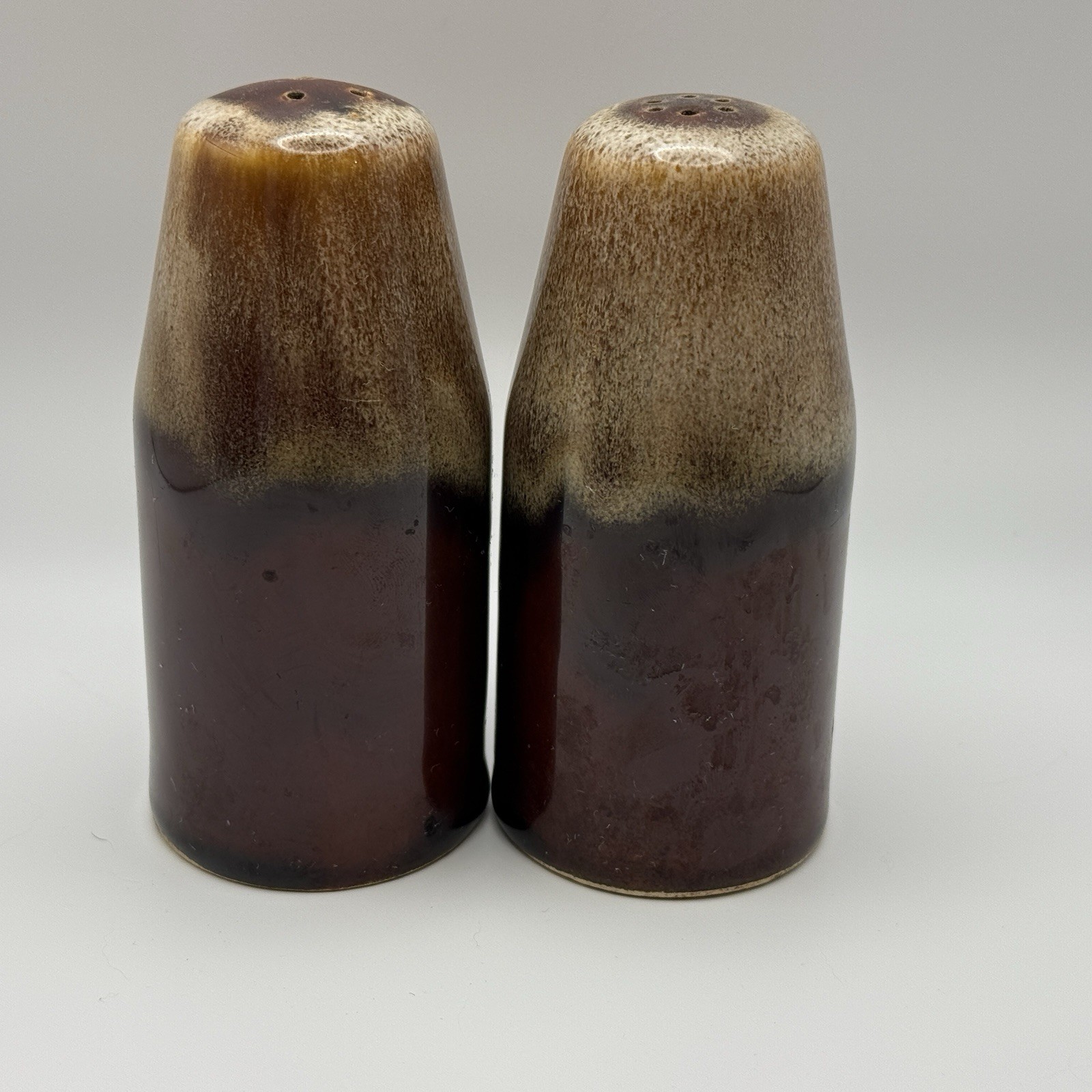 Brown Drip Glaze Pottery Salt & Pepper Shakers Set Vintage 4 1/2” No Stoppers