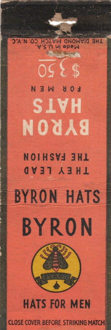 Byron Hats/Paul's Men's Shop-Reading, Pa. Vintage Matchbook Cover